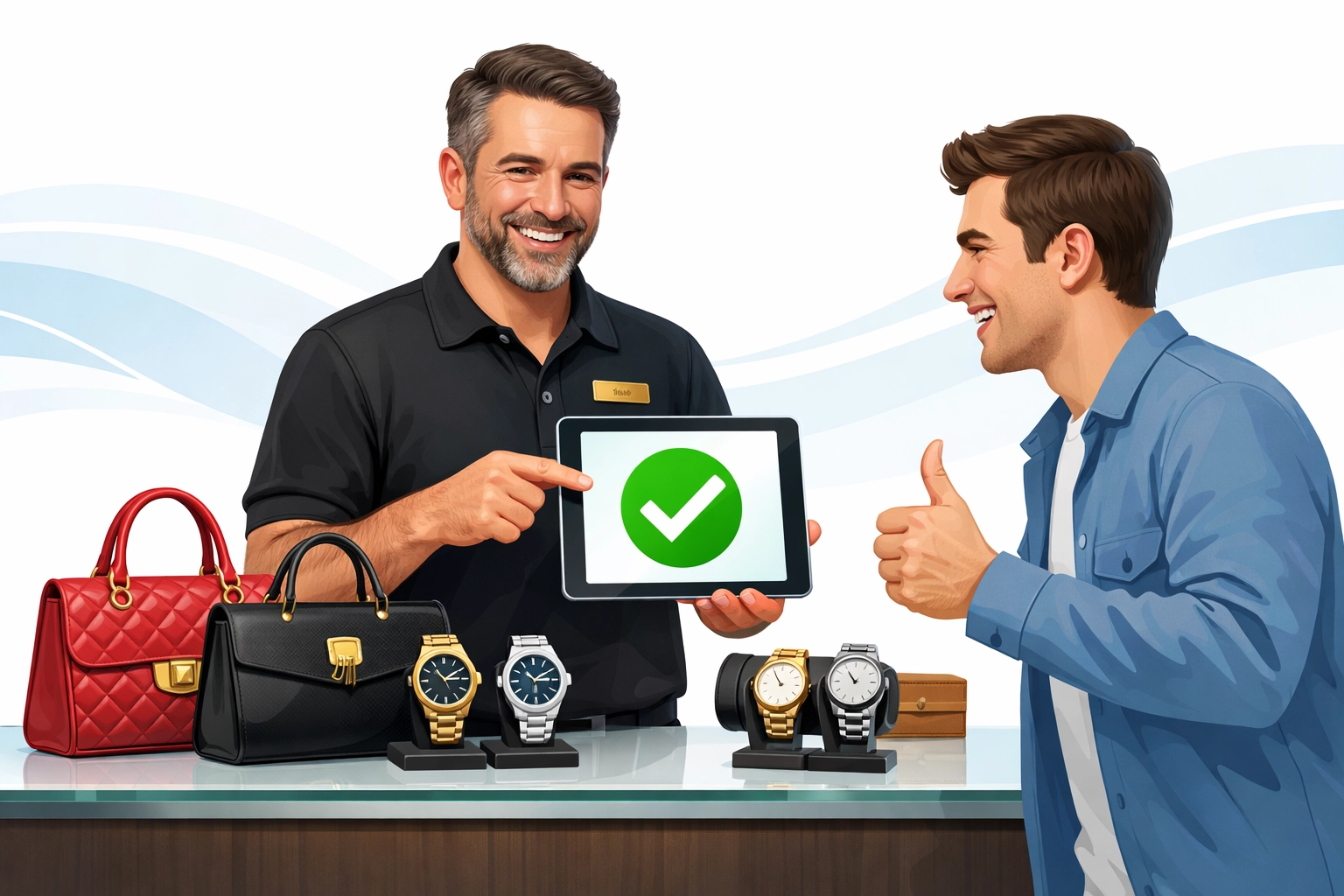 Pawn shop owner verifying a luxury bag with a tablet to build trust with a happy customer.