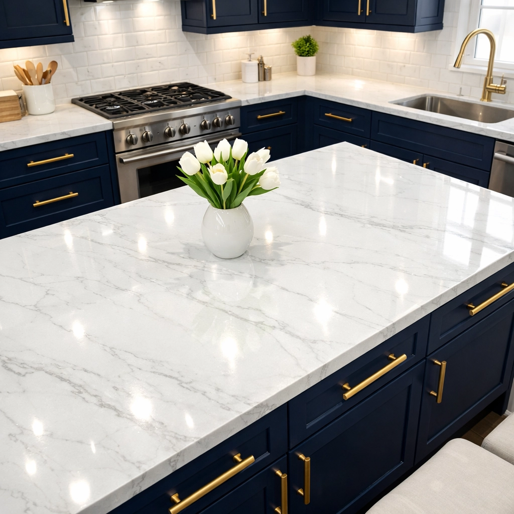Deep cleaned luxury kitchen in Natick featuring sanitized white marble counters and blue cabinets.