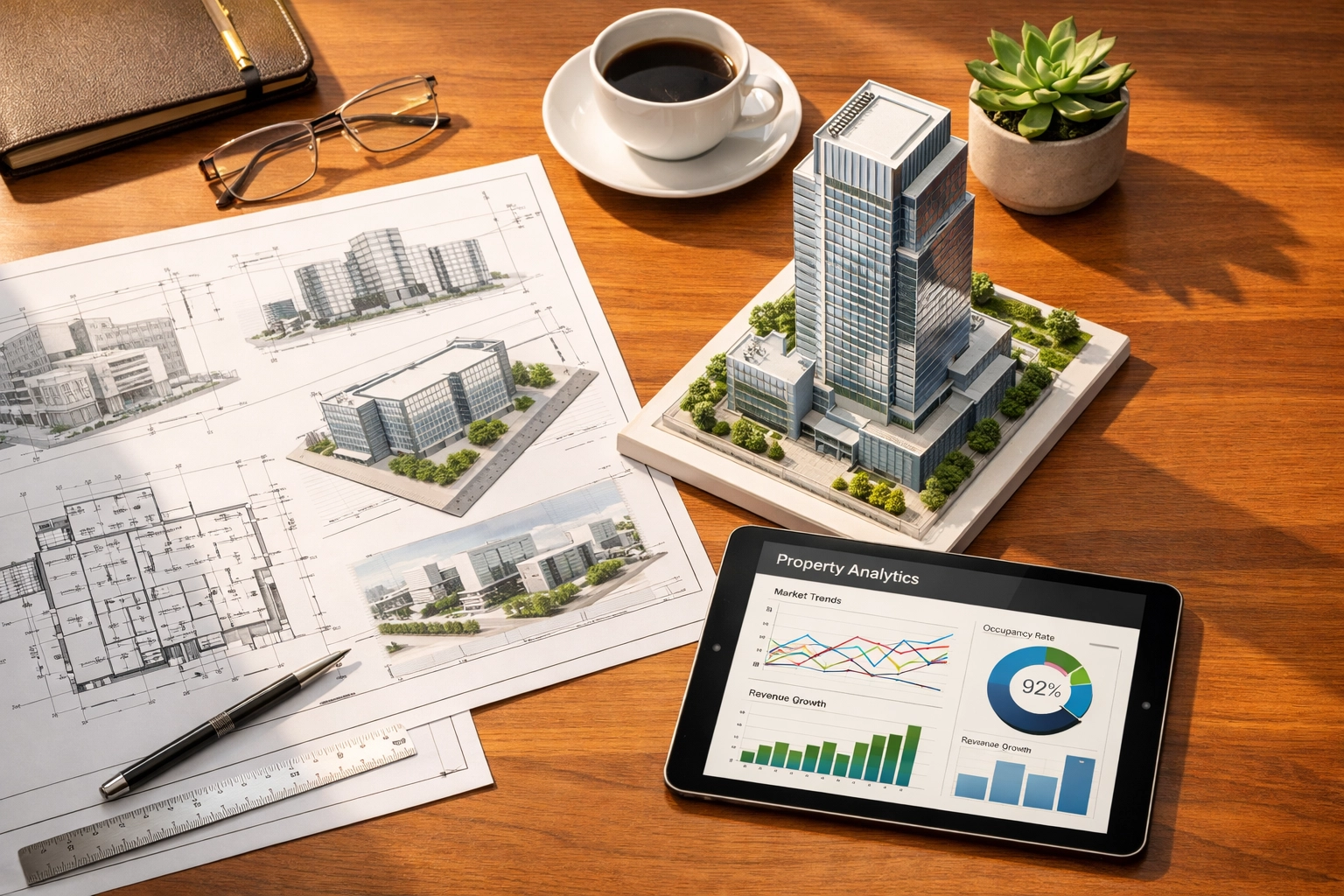 Commercial real estate investment planning with property blueprints and financial analytics