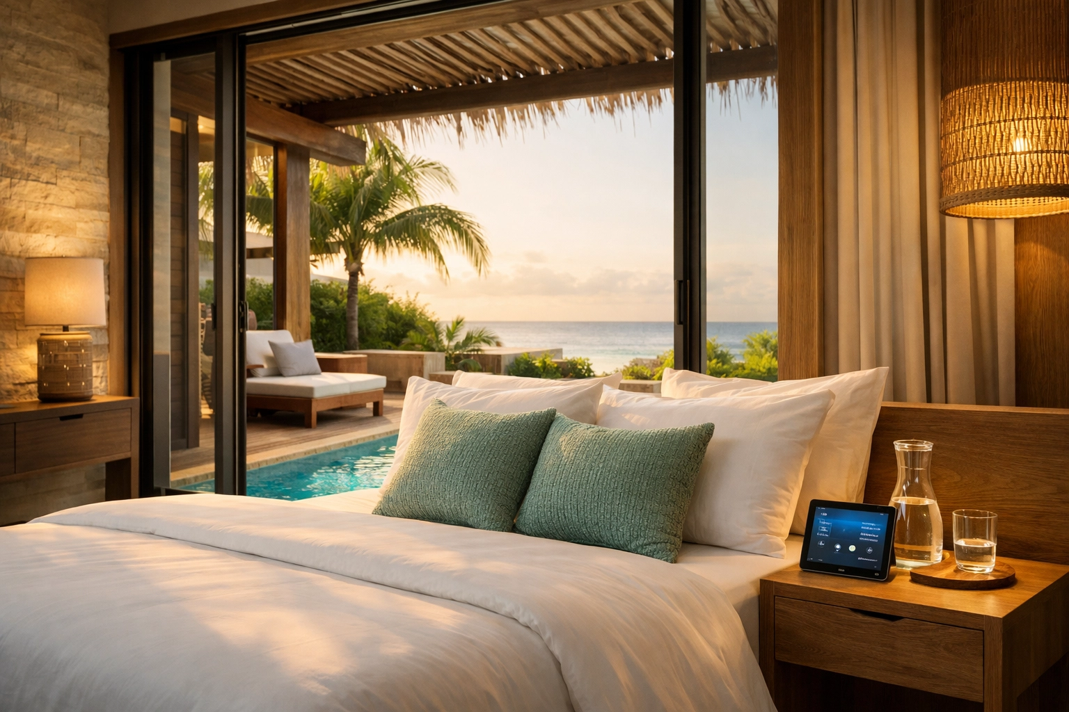 Luxury Playa del Carmen master suite with premium linens and smart home technology overlooking an infinity pool.