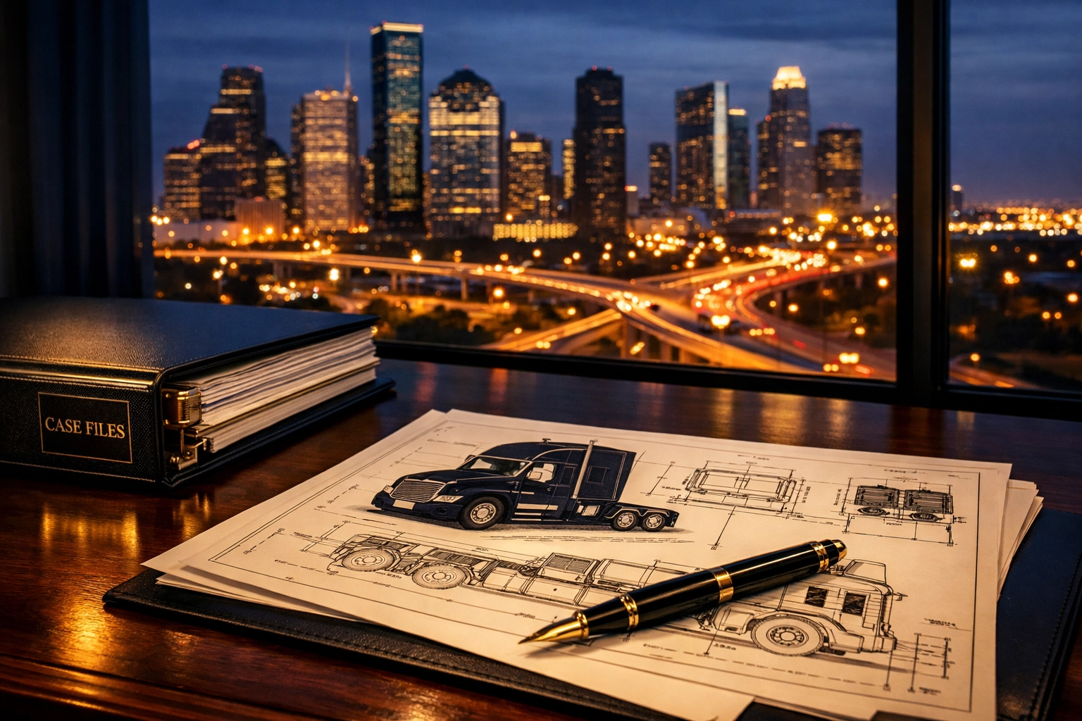 Houston 18-wheeler accident lawyer preparing truck litigation documents overlooking the I-45 Houston skyline.