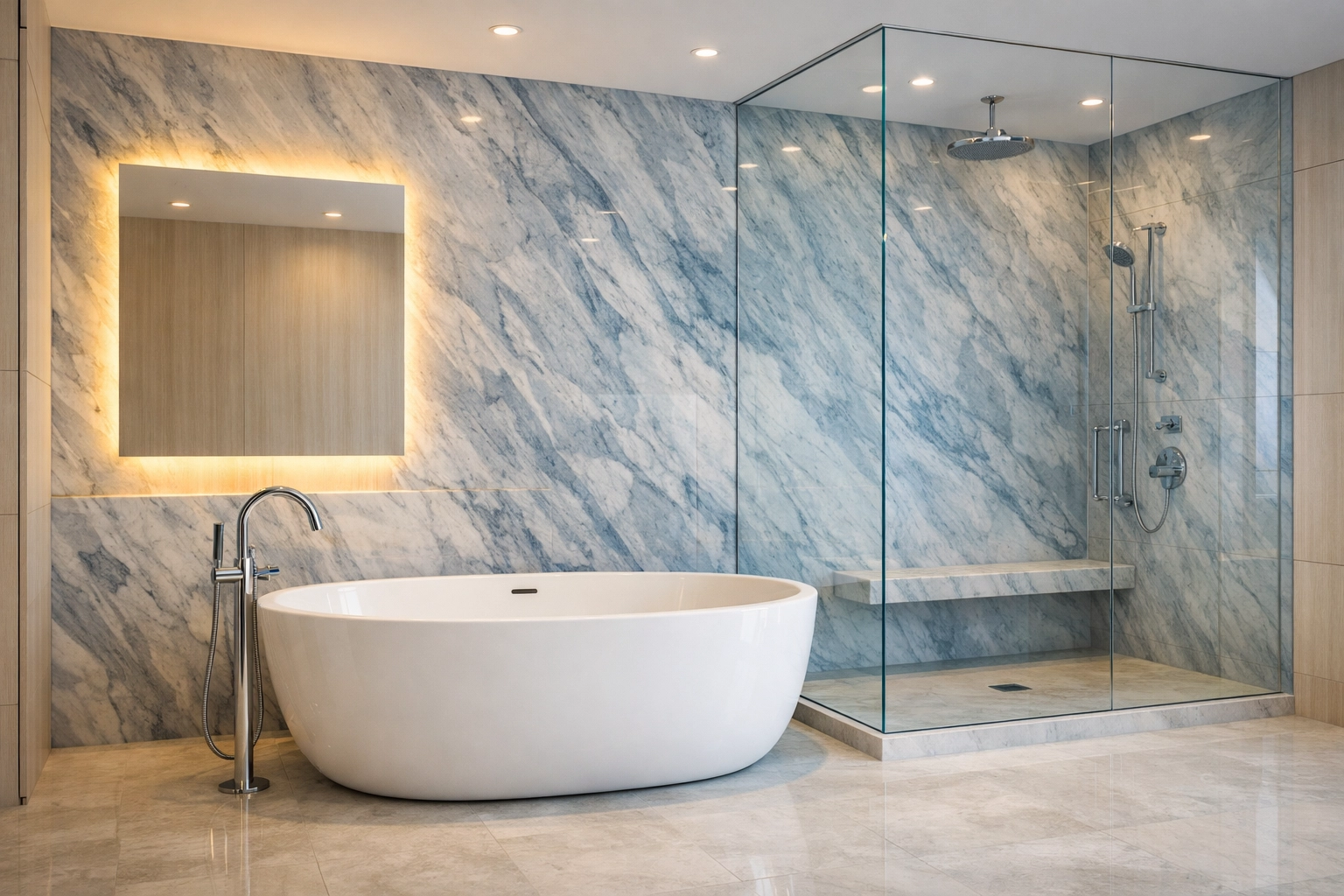 Pristine master bathroom with marble walls and a clean soaking tub from residential cleaning Massachusetts experts.