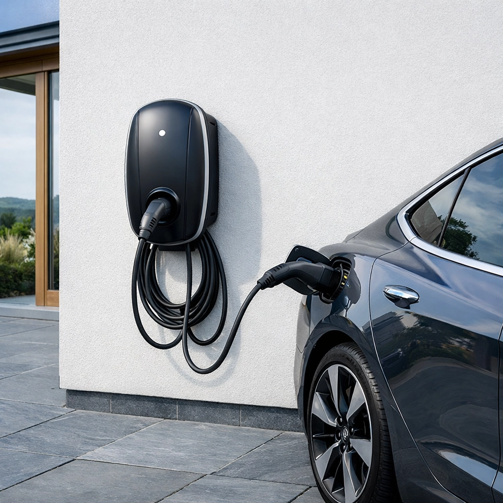Professional EV charger installation on a modern Dorset property featuring a wall-mounted charging point.