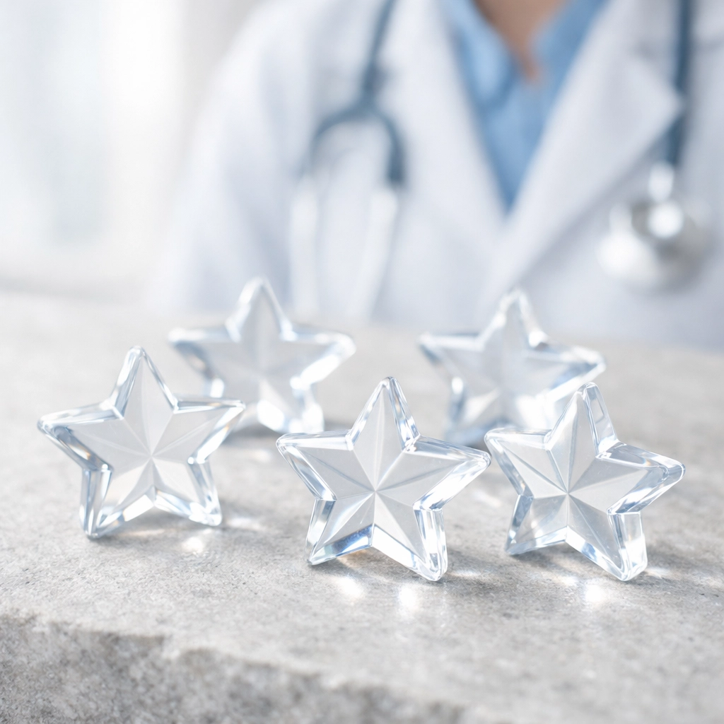 Five glowing stars symbolizing a strong five-star reputation and patient reviews for a chiropractic practice.