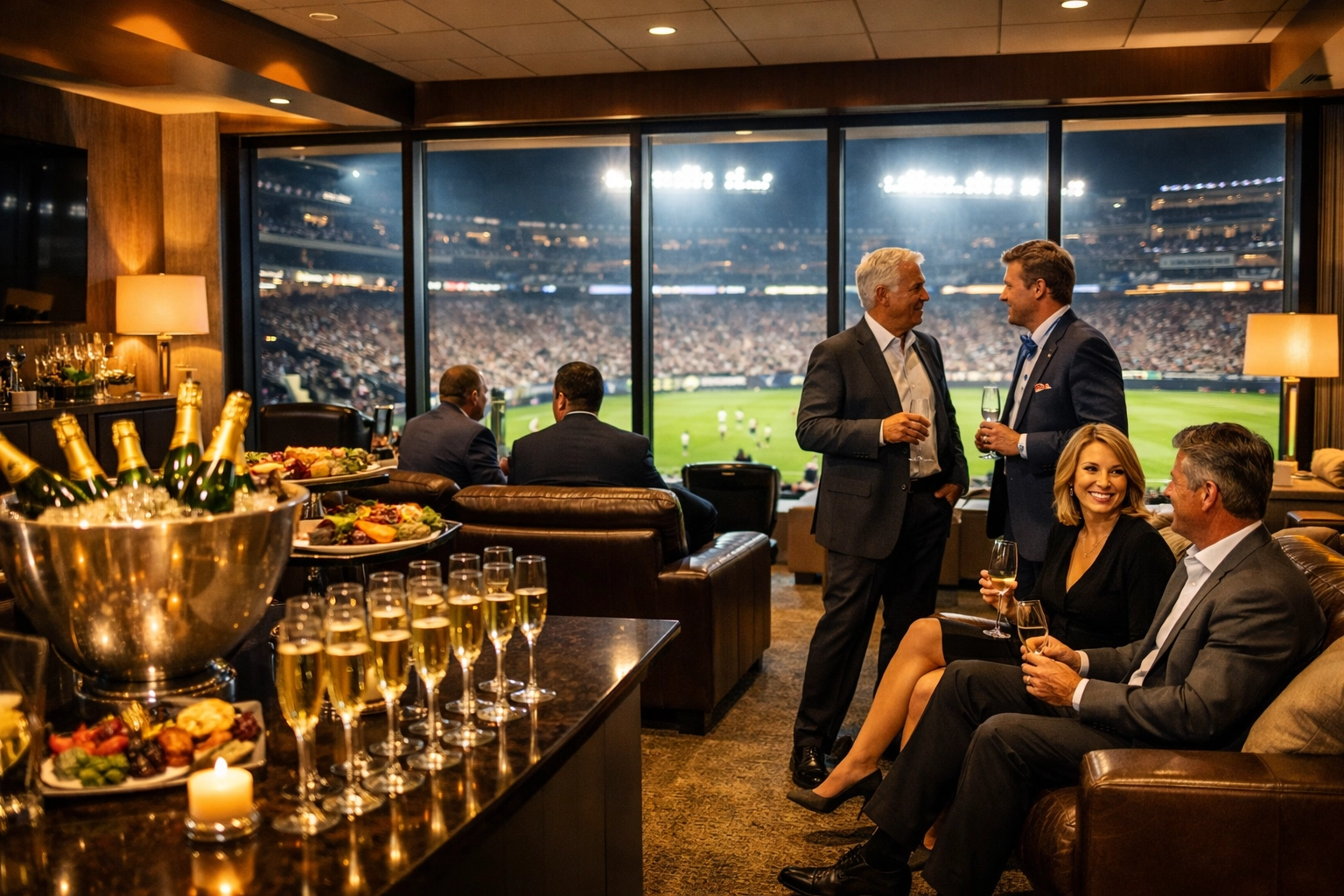 Luxury VIP suite at Super Bowl with executives networking and champagne service