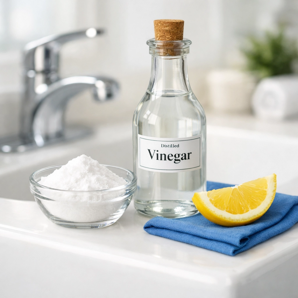 Baking soda, vinegar, and lemon for eco-friendly deep cleaning of a bathroom sink.