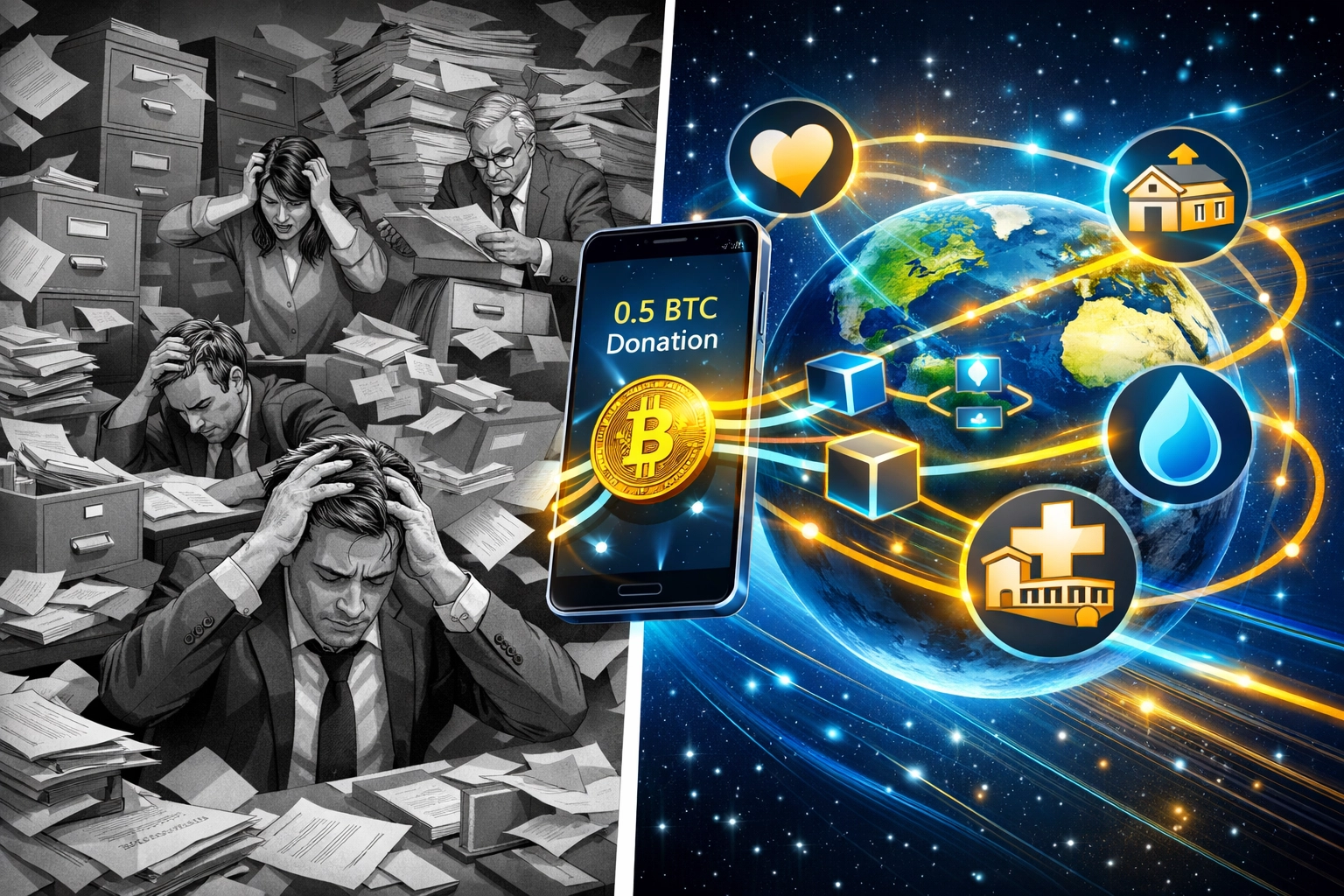 Traditional charity paperwork chaos versus automated crypto payment system distributing funds globally