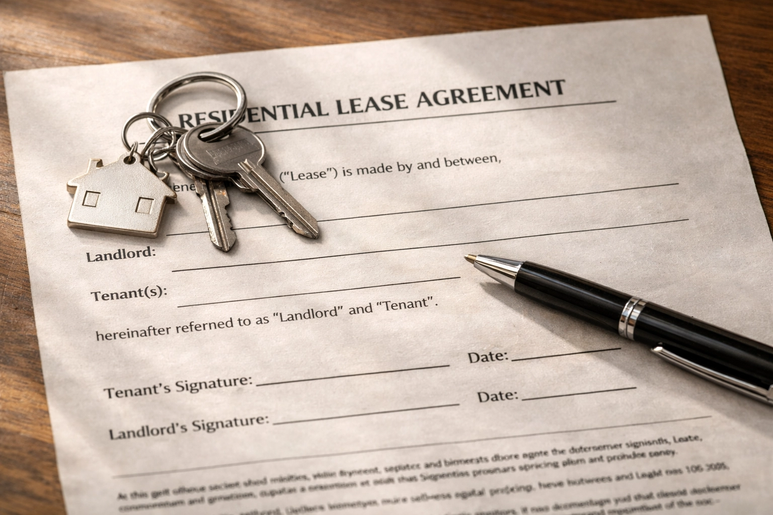Rental lease agreement with house keys on desk for tenant-occupied property sale