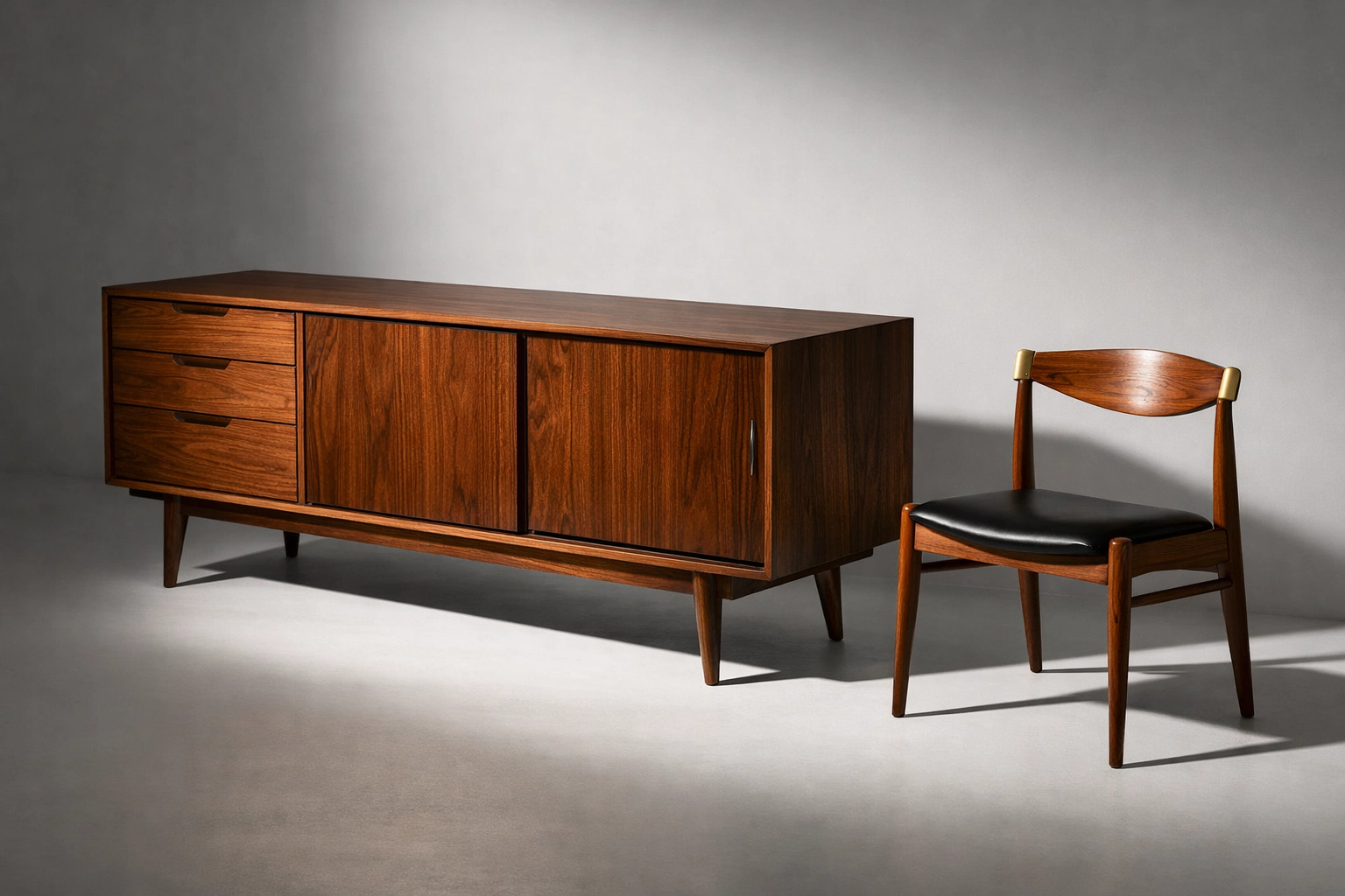 Mid-century modern walnut credenza and teak chair selling at Columbus estate auction