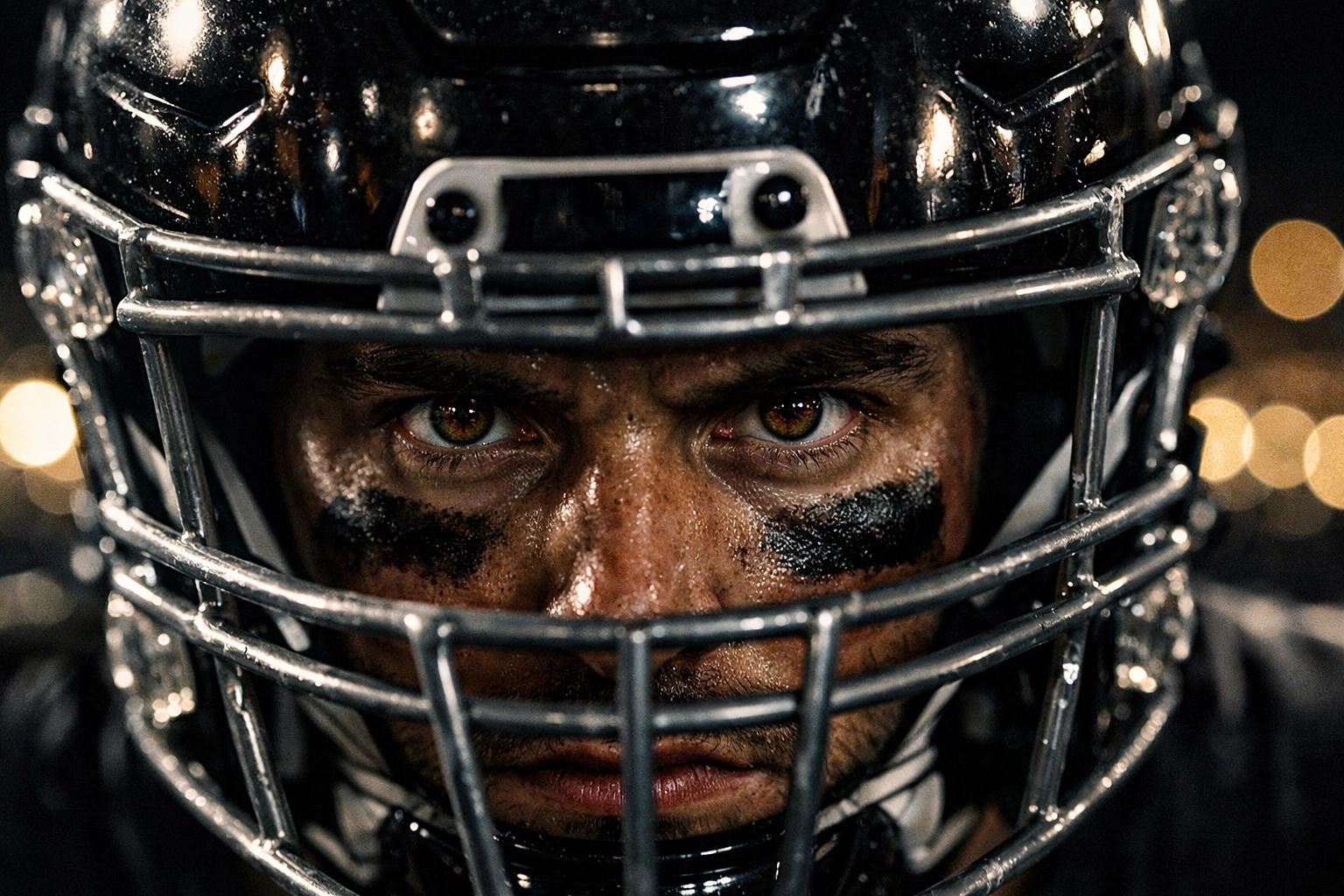Football player demonstrating intense focus and concentration through helmet facemask