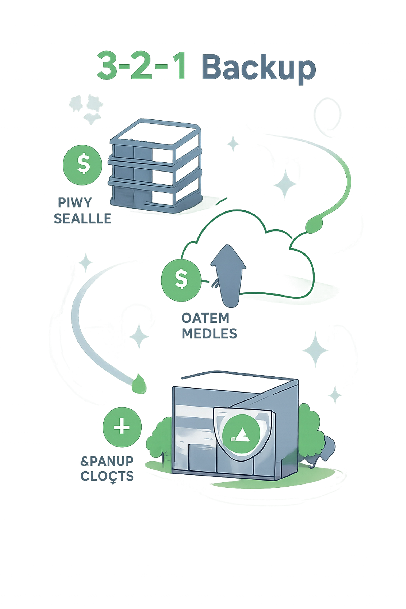 Illustration of 3-2-1 backup strategy for dental practices using server, cloud, and offsite storage