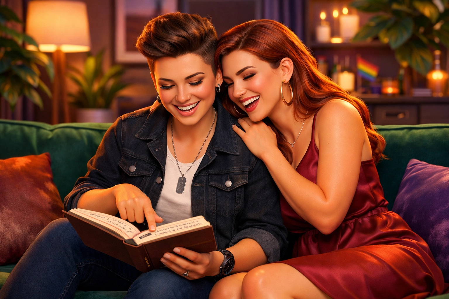 A joyful lesbian couple on a sofa sharing a journal, illustrating queer love and shared intimacy.