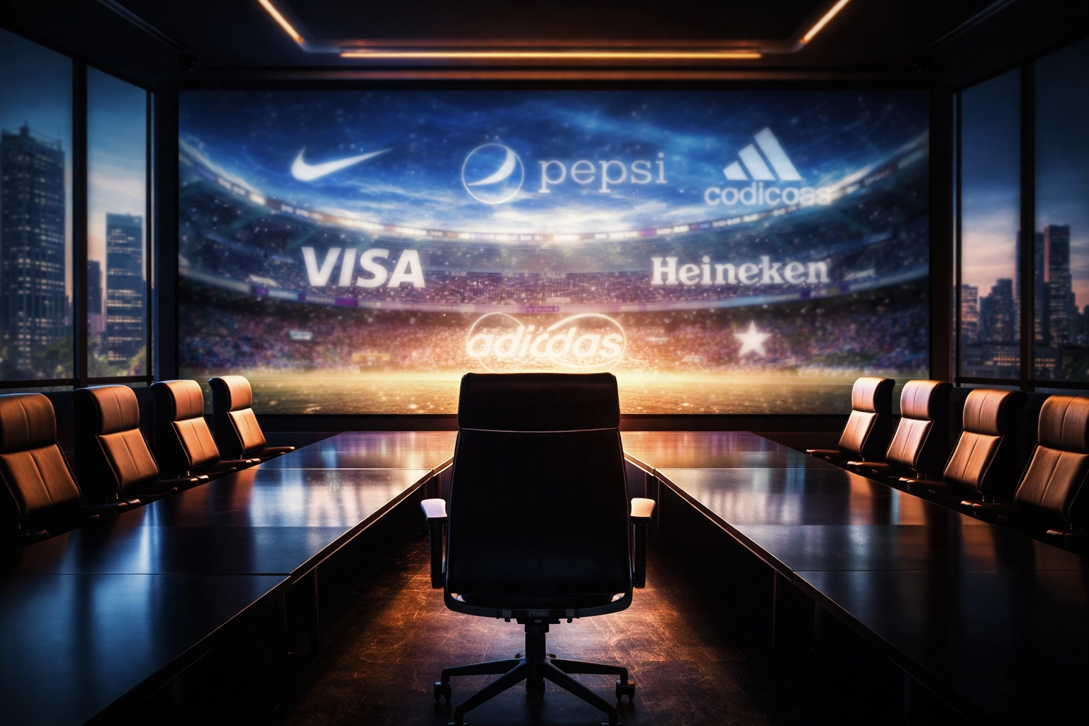 Modern corporate boardroom at dusk with digital sports sponsorship graphics, illustrating strategic shift in brand sponsorship.