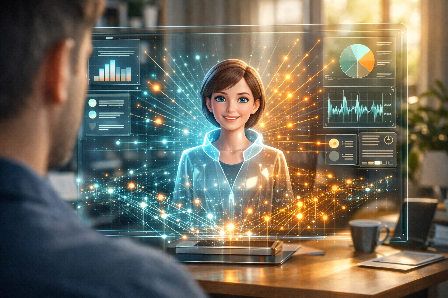 Personalized AI assistant providing real-time customer support in a modern home office setting.