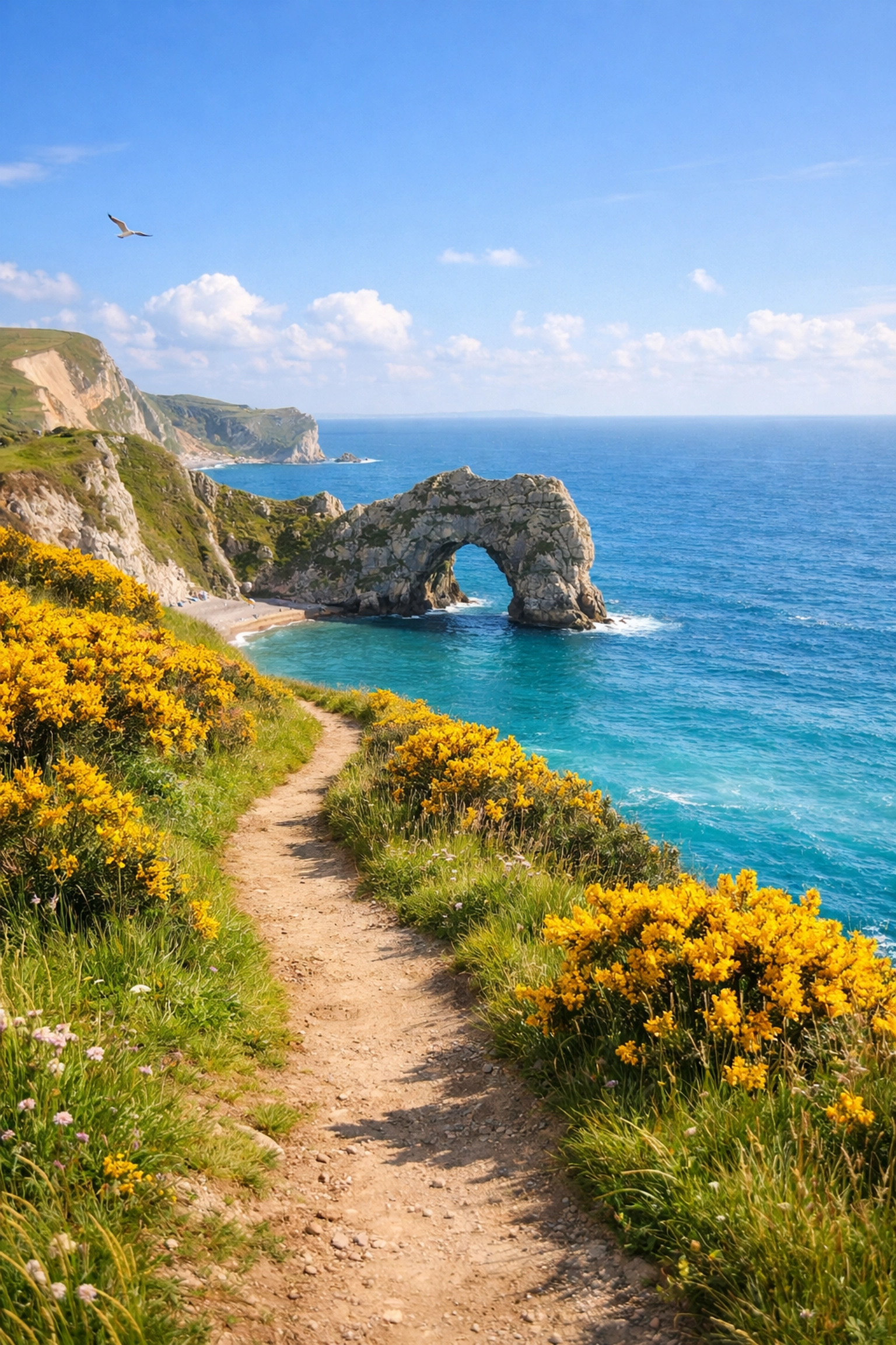Scenic coastal hiking trail overlooking the ocean and stone arches on the Jurassic Coast in Dorset.