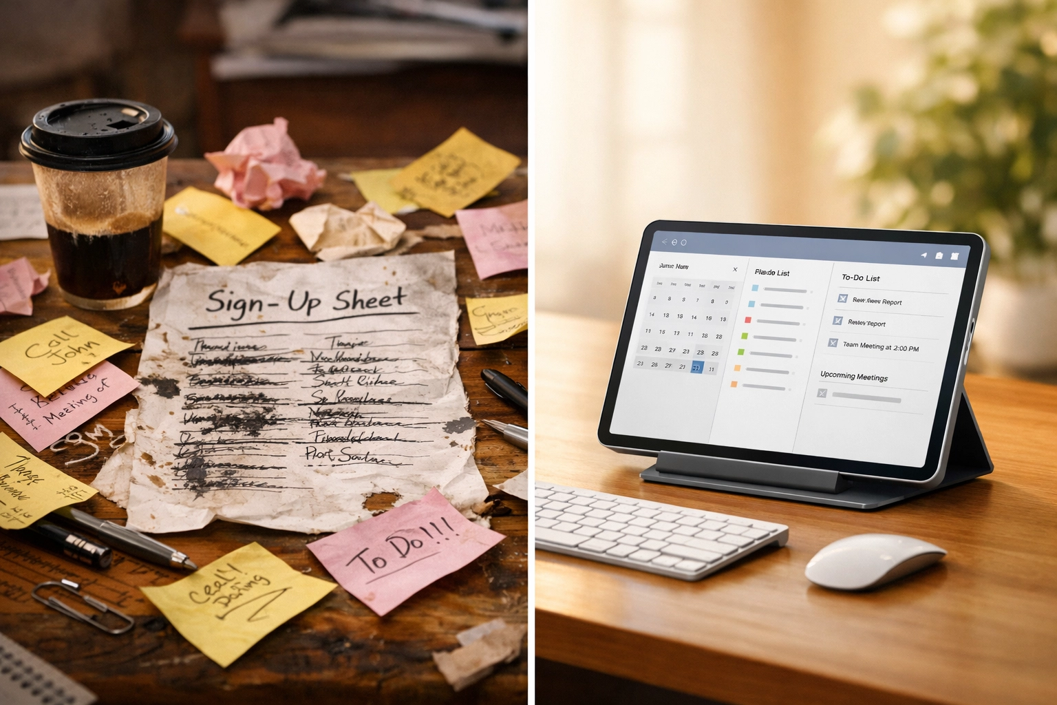 Comparison of a messy paper sign-up sheet and a clean digital online sign up sheet for a church event.