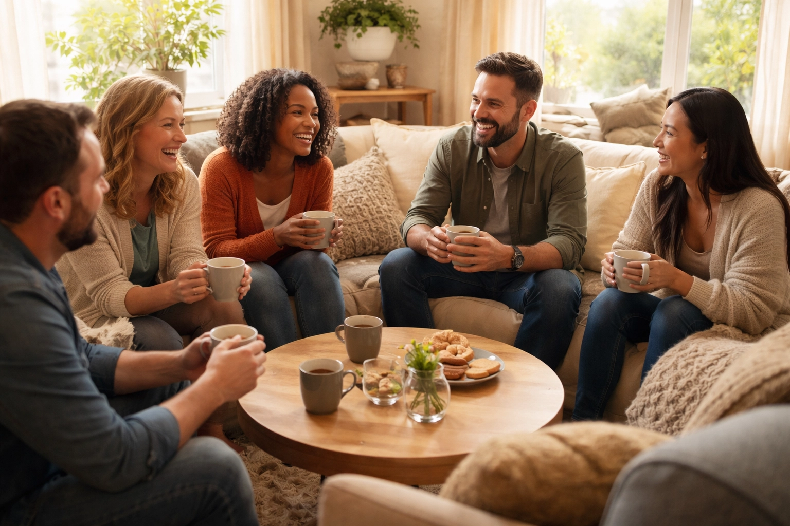 Group of diverse parents sharing support and conversation, symbolizing a sensory parenting community