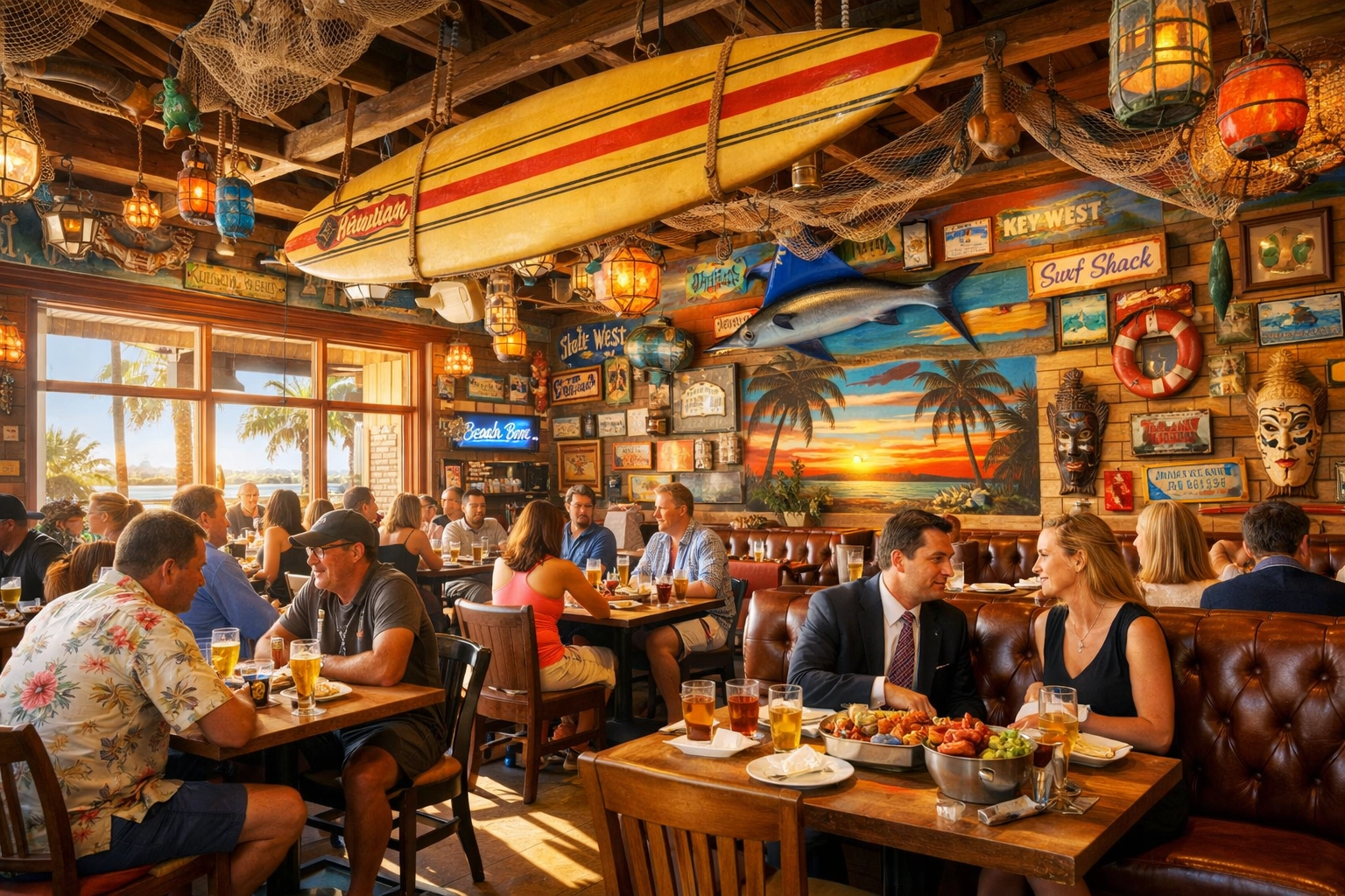 Eclectic interior of Little Moir's Leftovers in Jupiter showing the inclusive atmosphere and coastal decor.