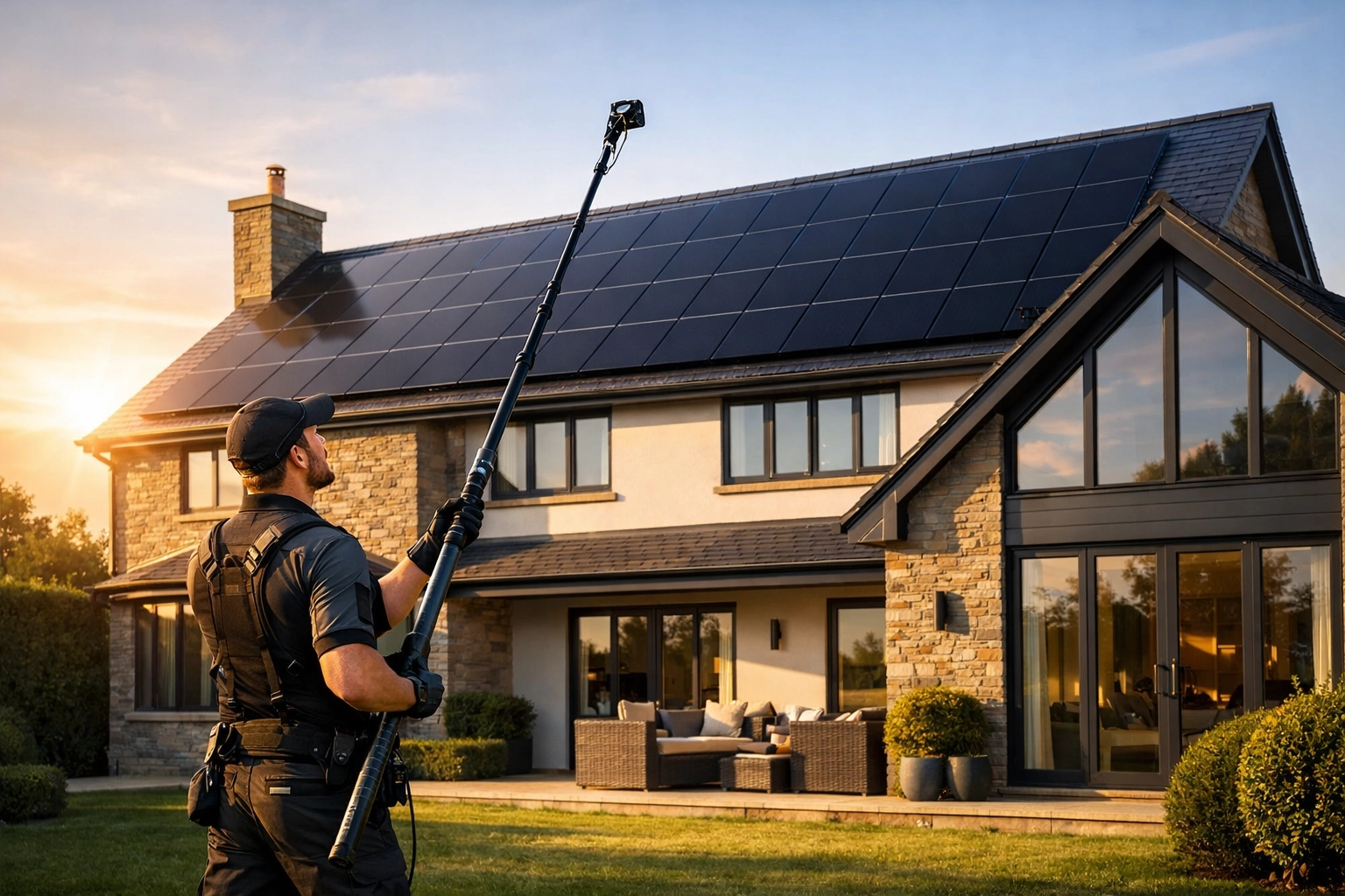 Professional solar installation maintenance on a UK home using safe telescopic cleaning tools.