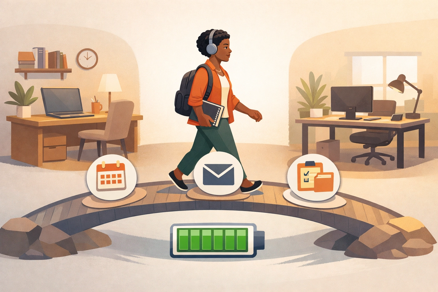Executive function coaching supporting smoother task transitions—an inclusive professional moving between work “zones” with a steady energy/battery motif that represents better energy management.