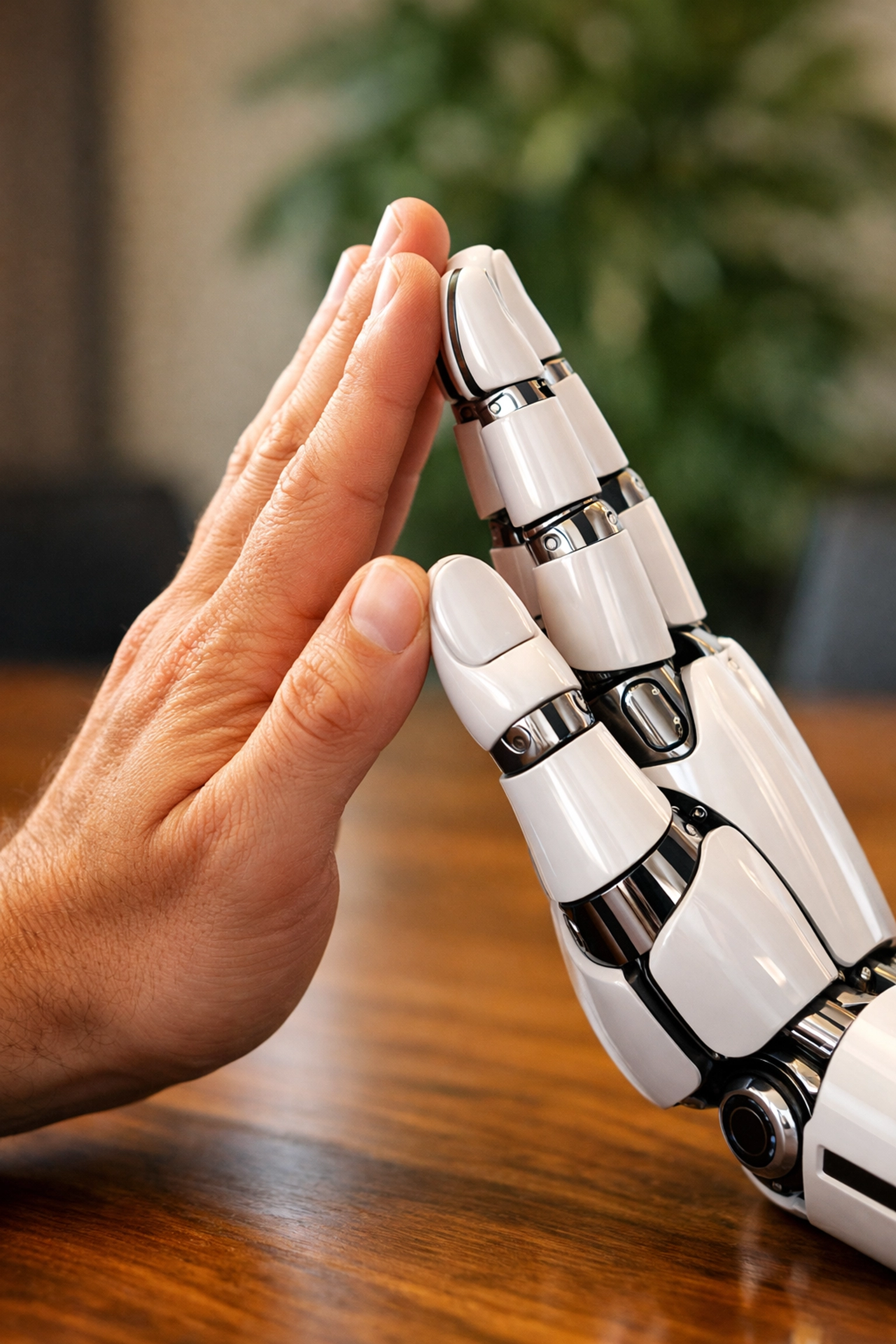 A human and robot hand high-fiving to represent successful customer service automation and hybrid support.