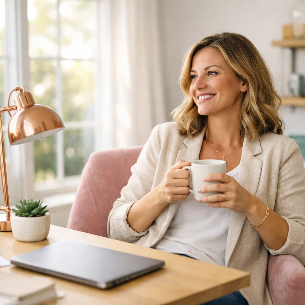 A relaxed small business owner in a bright office reclaiming time through social media management.