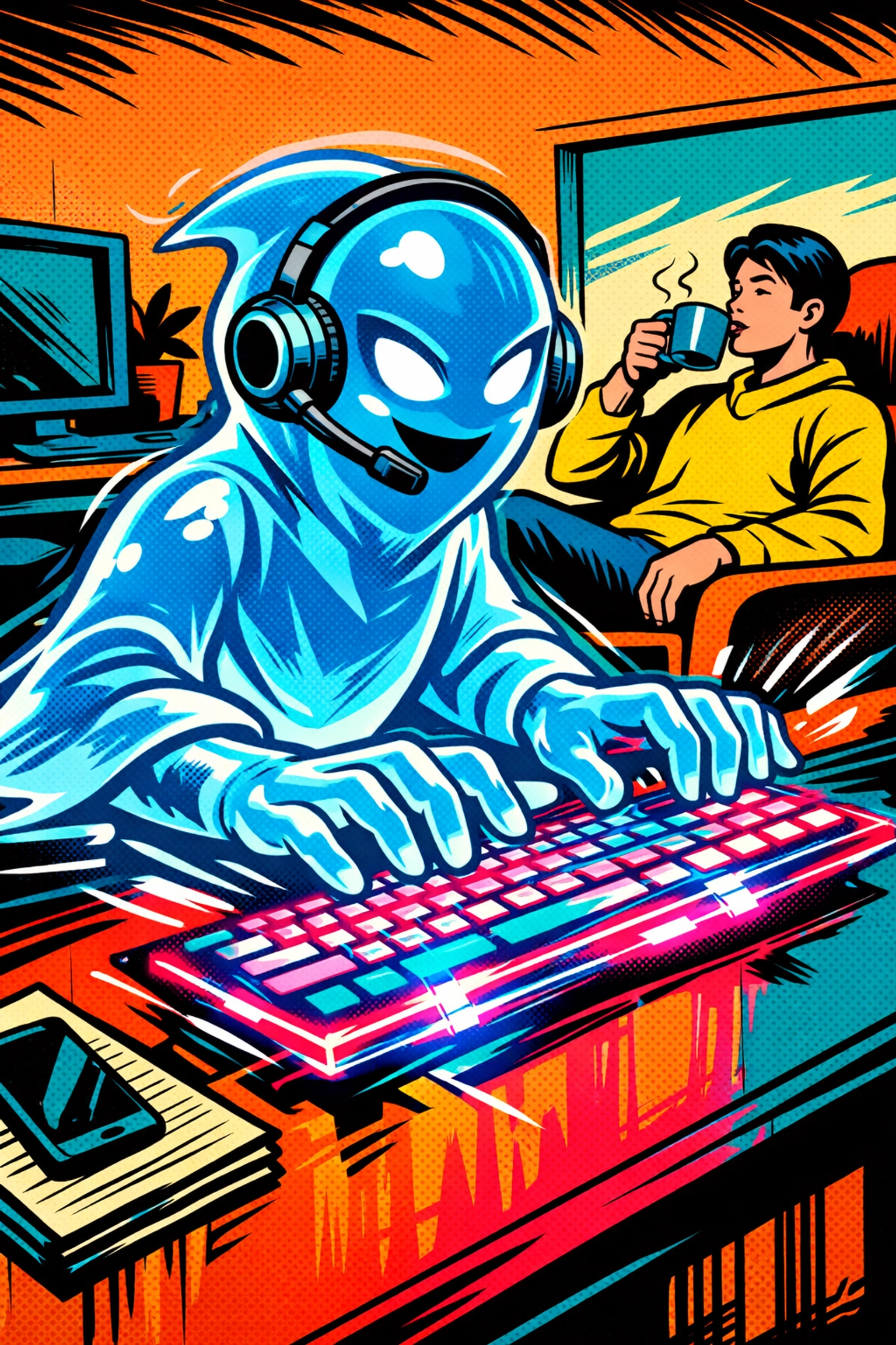 AI virtual assistant for business drafting follow-up emails while the owner enjoys coffee.