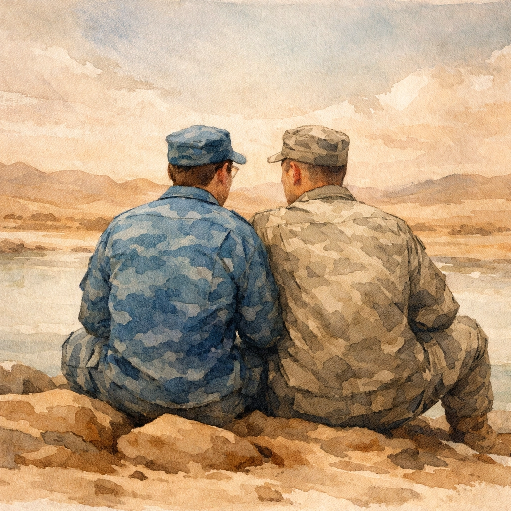 Two male soldiers from rival armies sitting together sharing stories in MM romance narrative