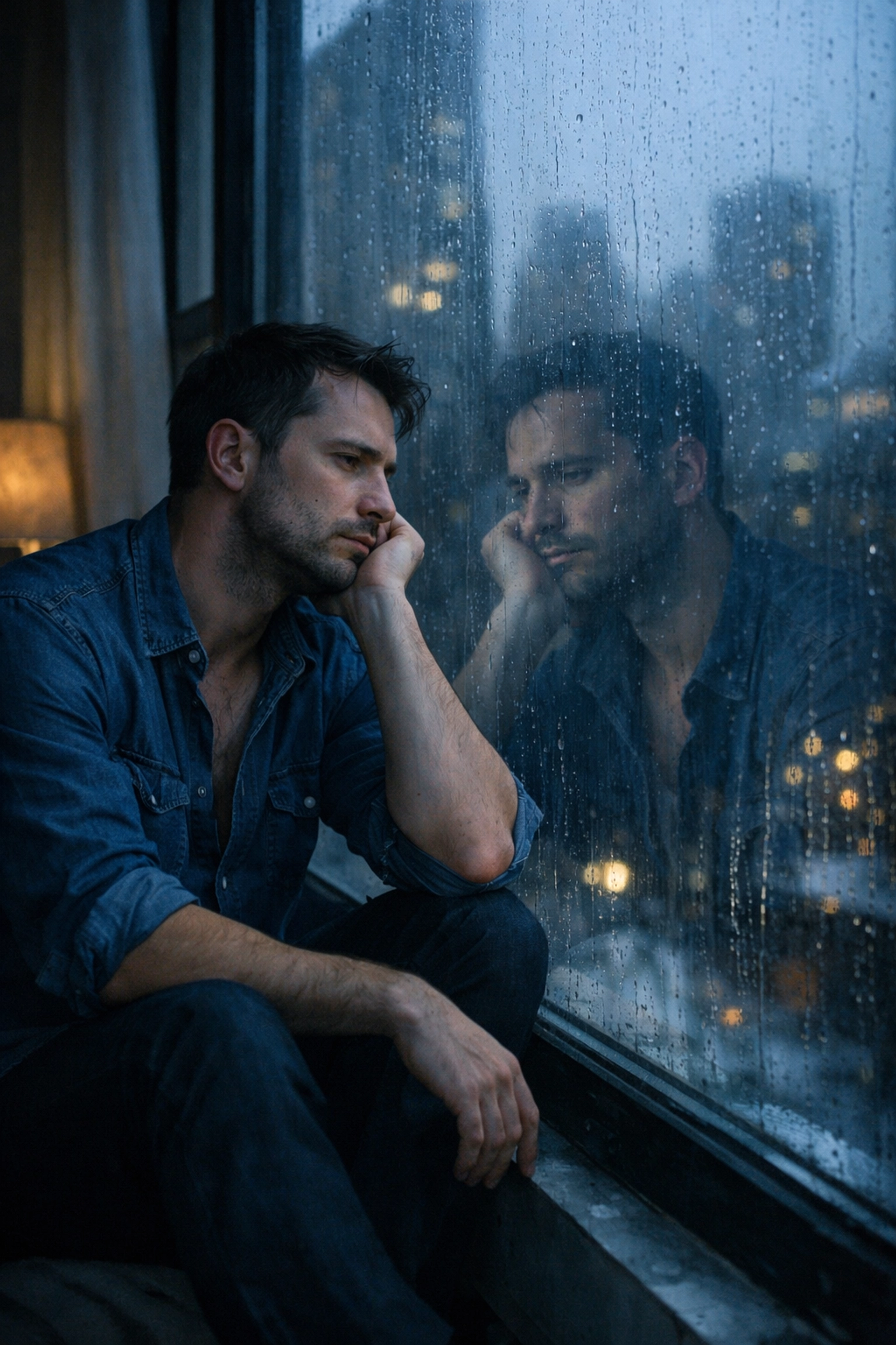 Gay man contemplating life choices and unconventional relationships by apartment window
