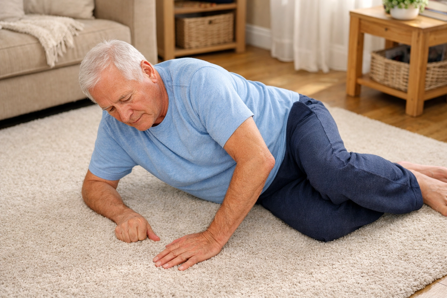 Senior man rolling onto his side on carpet, demonstrating safe fall recovery technique