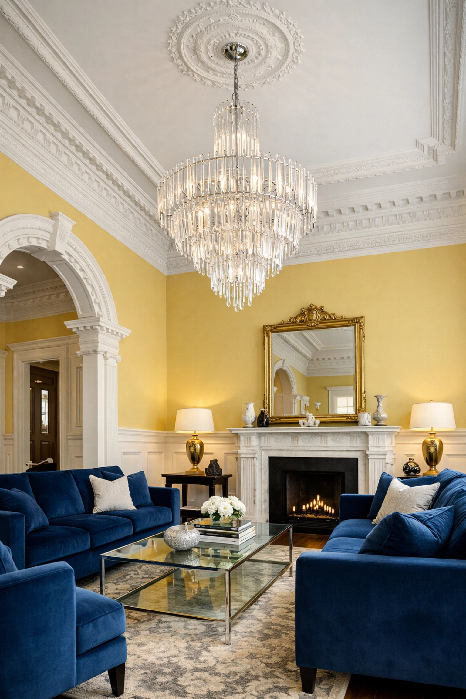Pristine historic Lowell living room with high ceilings and a clean chandelier from deep cleaning Lowell.