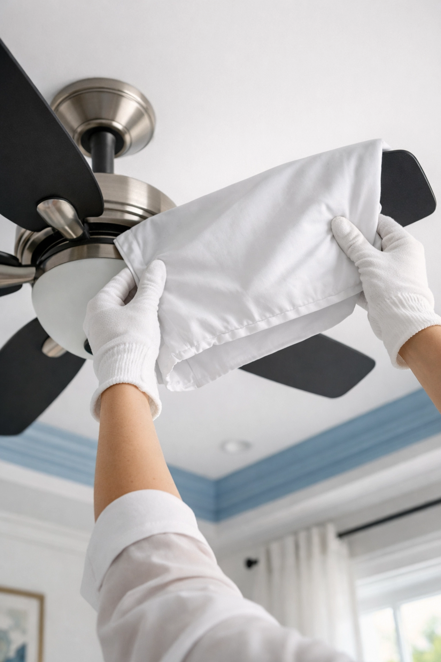 Cleaning a ceiling fan blade by sliding a pillowcase over it to trap dust and allergens.