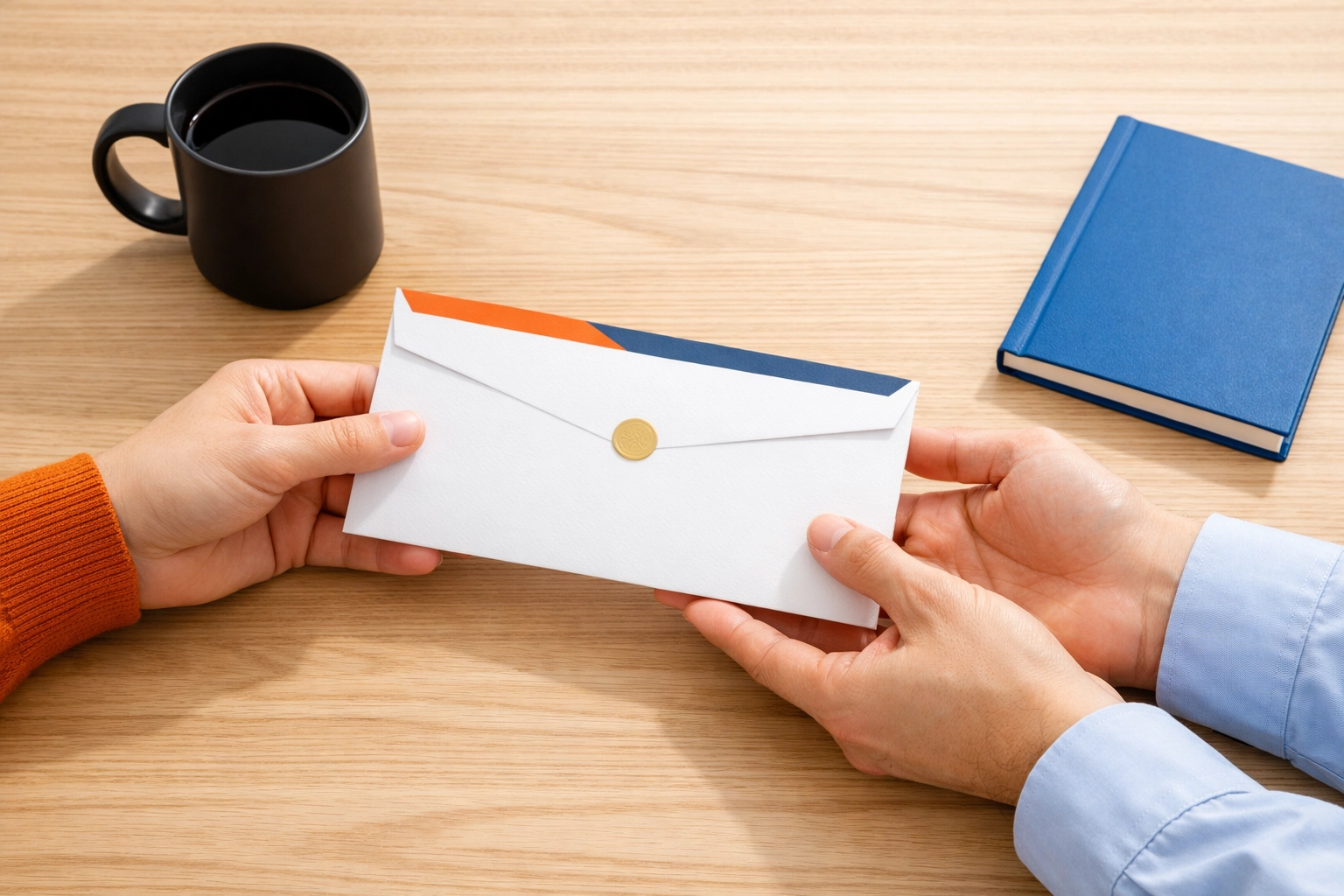 Close-up of hands exchanging a proposal, representing selling with integrity and helping customers.