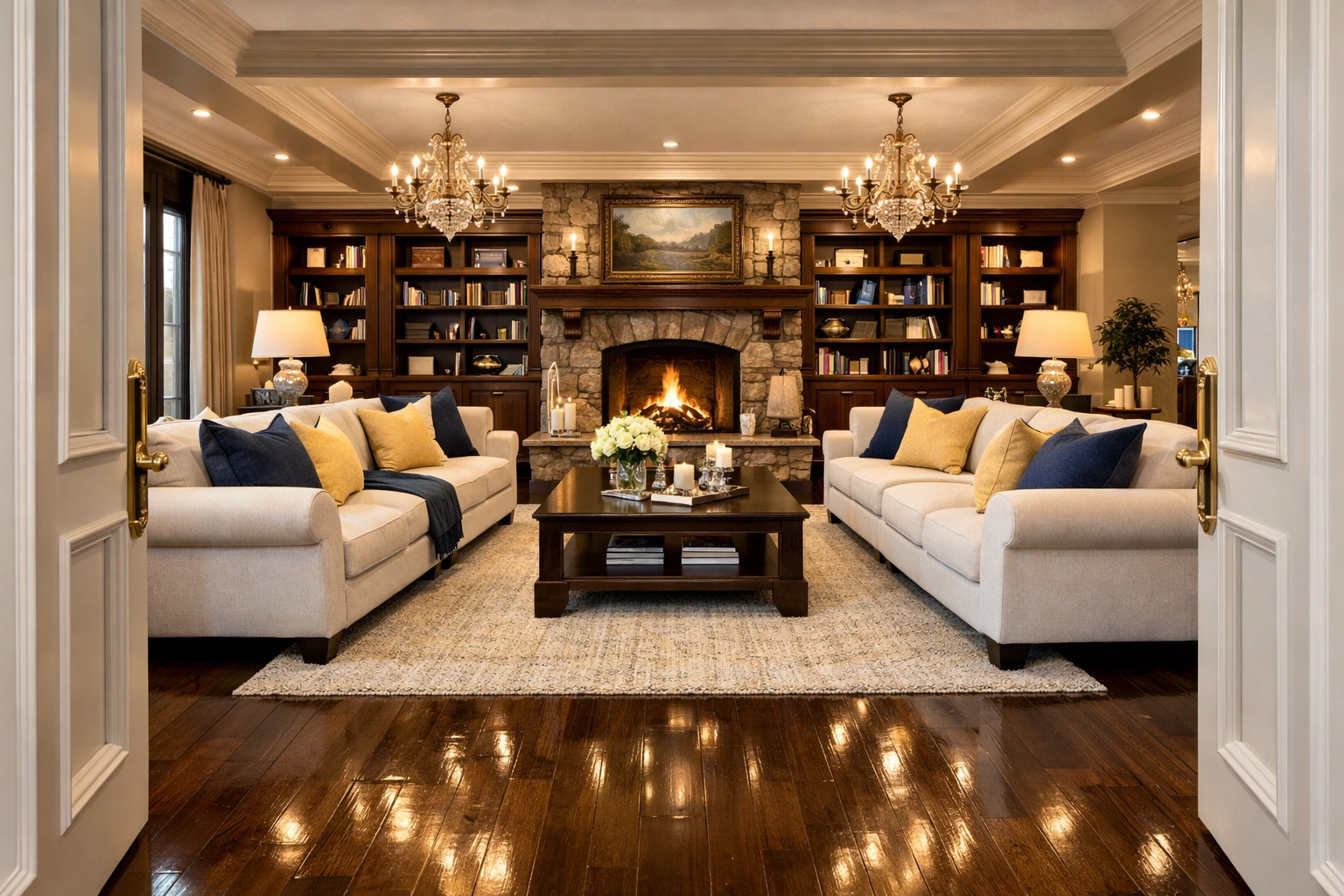 Grand Dover estate living room perfectly staged after professional residential cleaning Massachusetts.