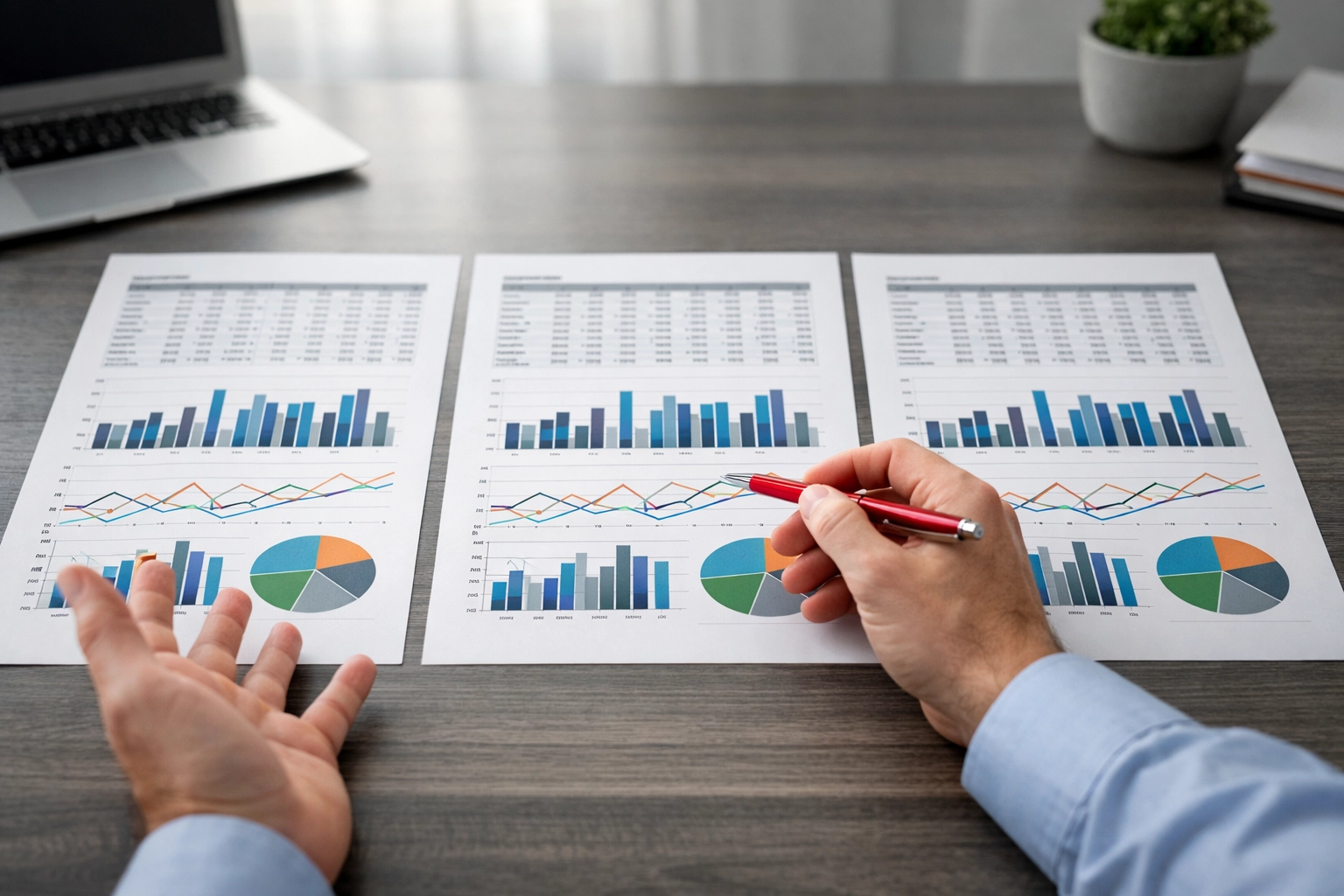 Clinic owner reviewing confusing standardized billing reports with red pen