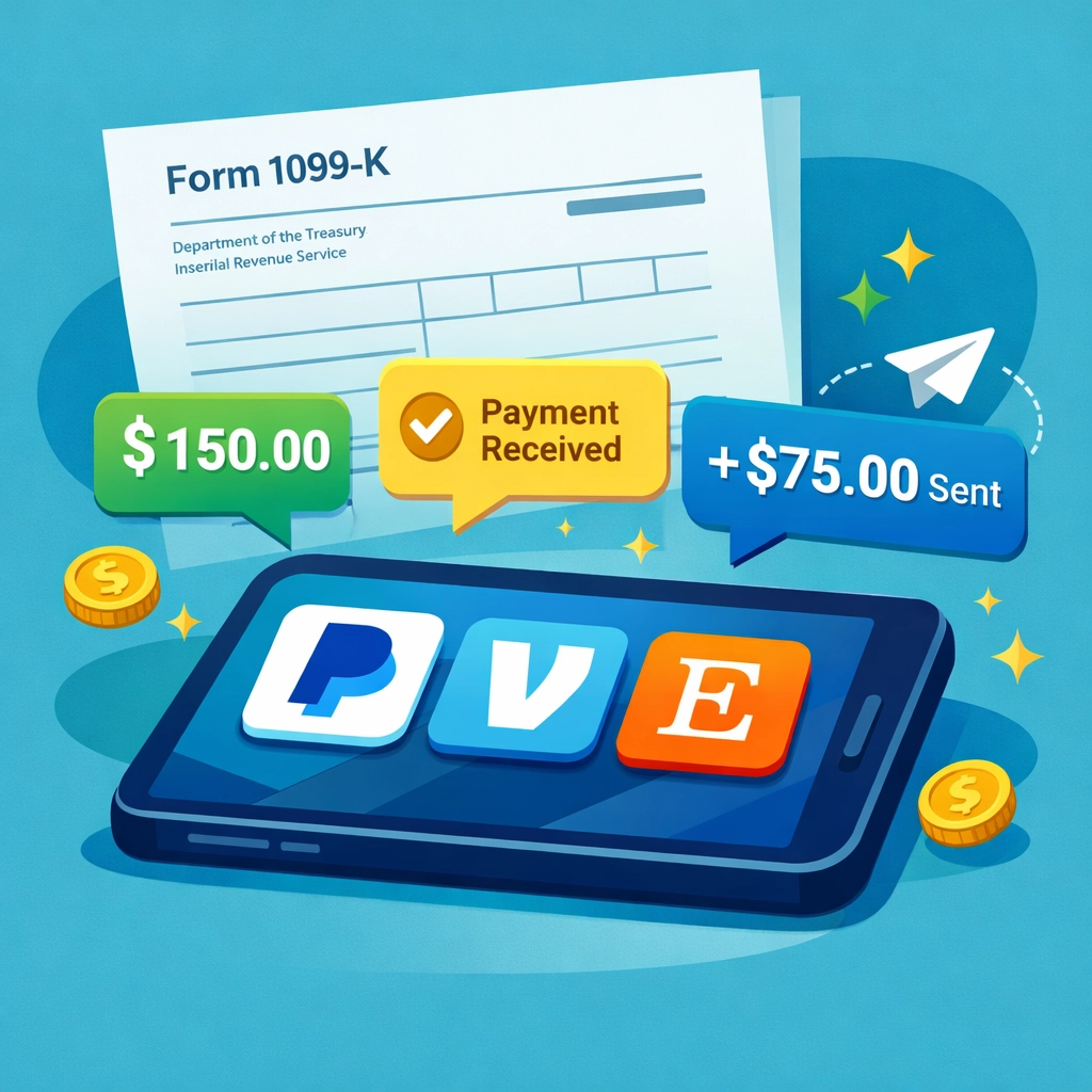 Payment apps PayPal, Venmo, and Etsy with 1099-K tax form for side hustle income reporting