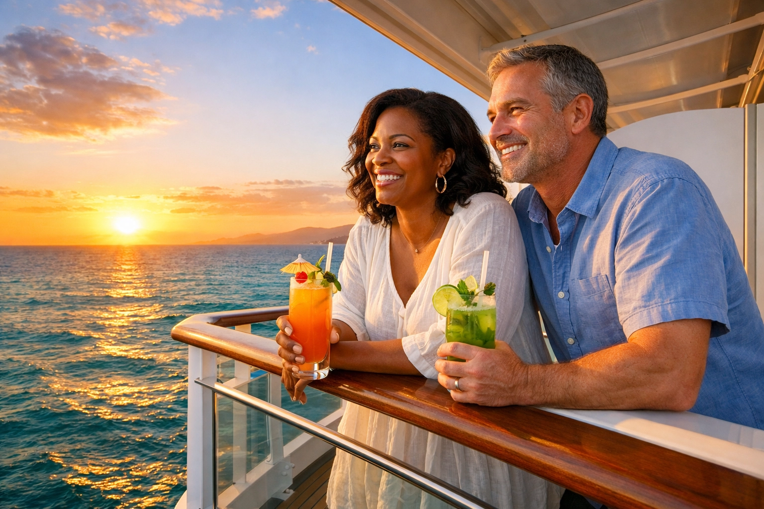 Couple enjoying cruise ship balcony experience booked through travel agent