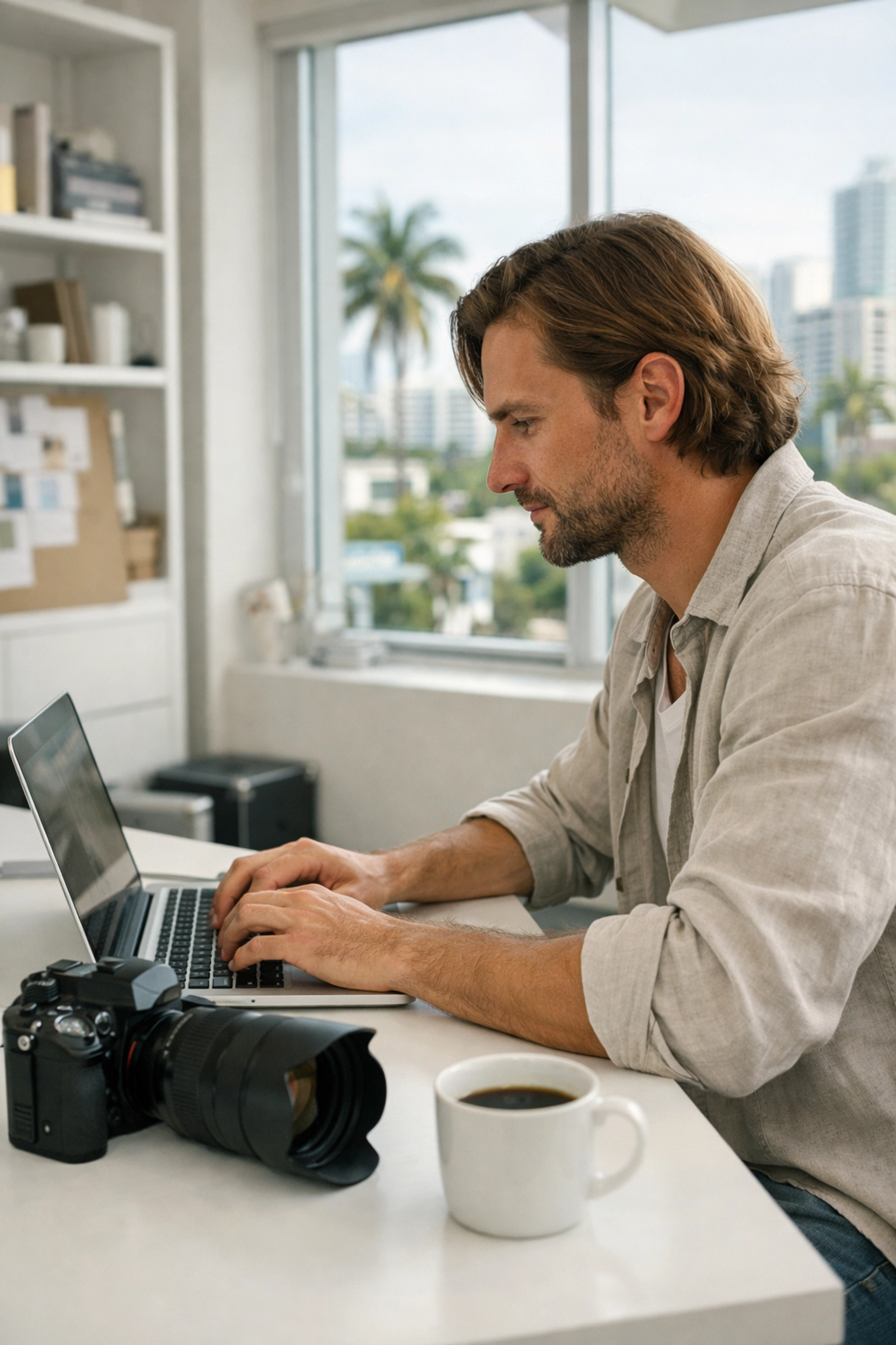 Professional photographer in a Miami studio using a laptop to find photography jobs on Proshoot.io.
