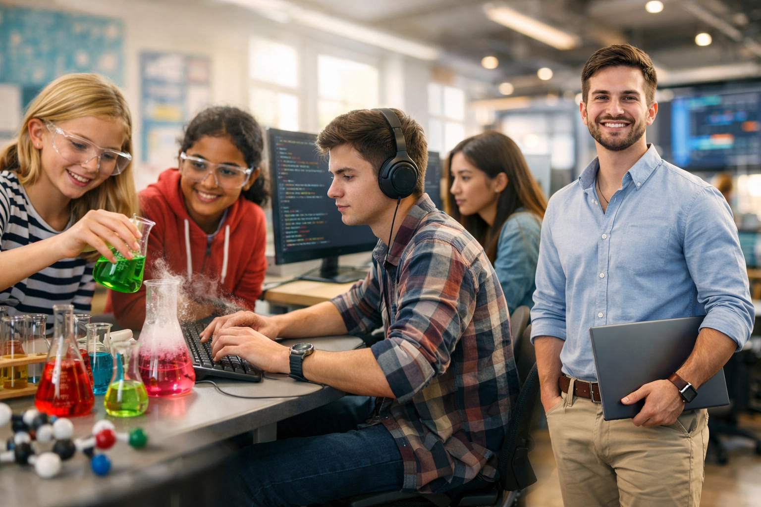 STEM career pathway progression from middle school science to high school coding to professional career