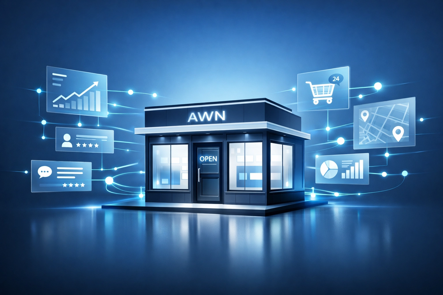 Futuristic digital storefront with data panels representing automated Google Business Profile updates.