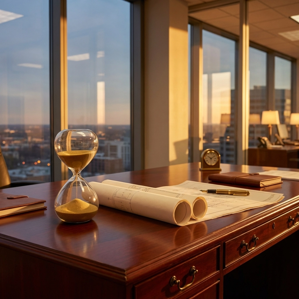 An hourglass and desk scene symbolizing the patience and long-term horizon required for successful alternative investing.