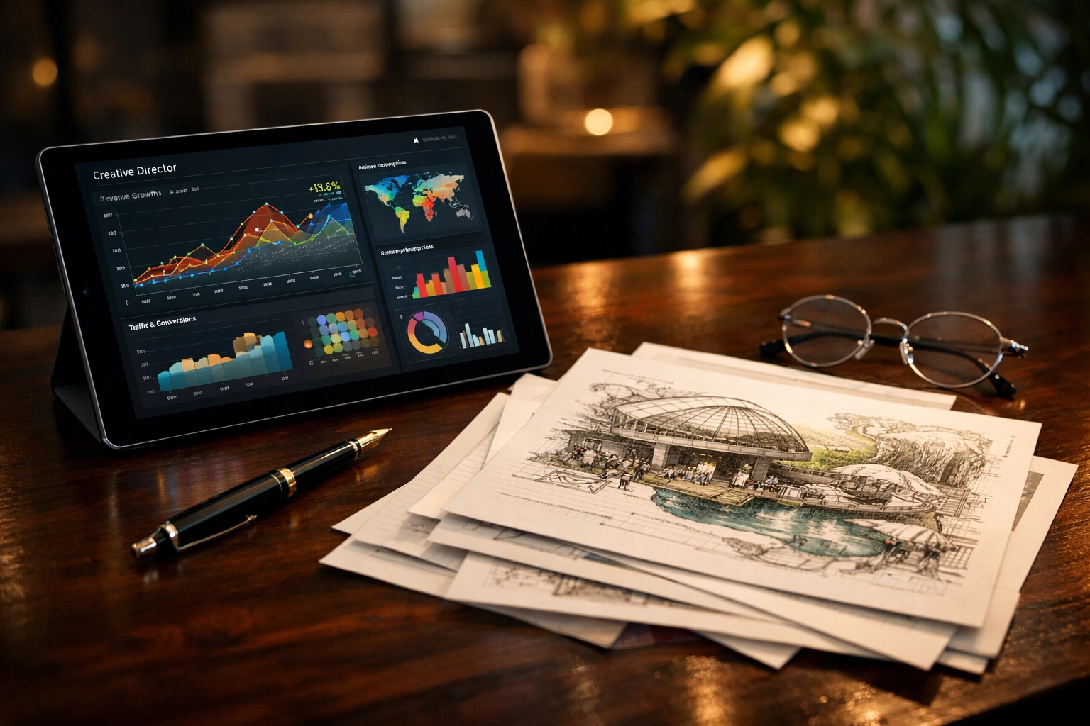 Creative director workspace with marketing analytics and exhibit sketches for a strategic branding activation.