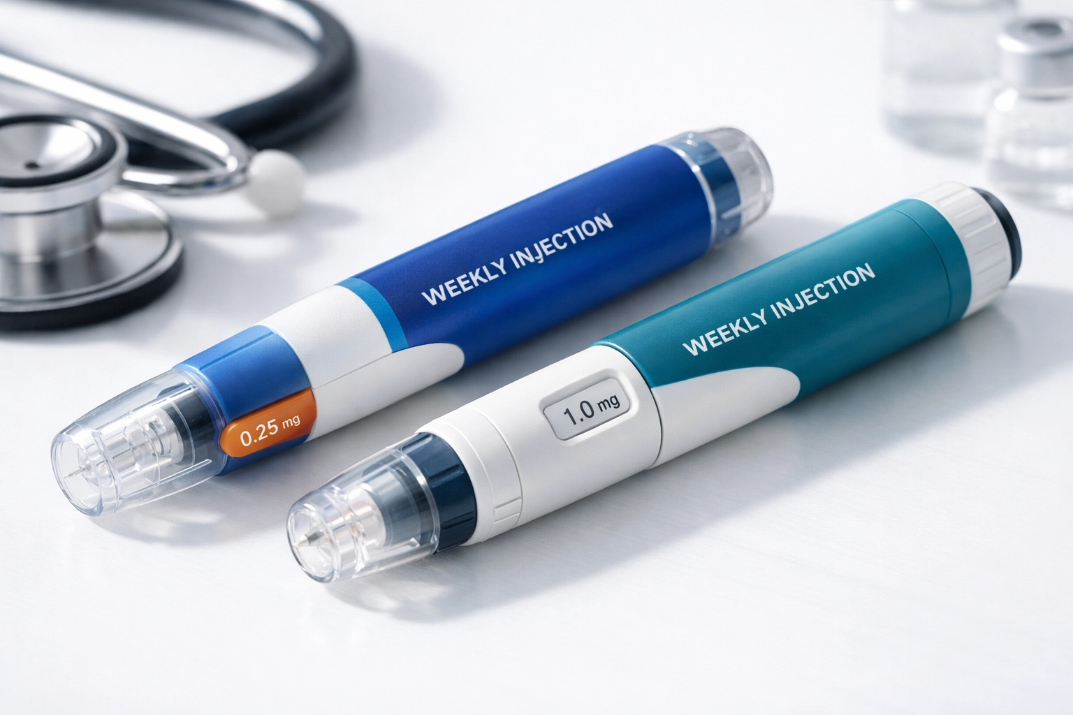 Two weekly injectable weight loss medication pens comparing Wegovy alternatives
