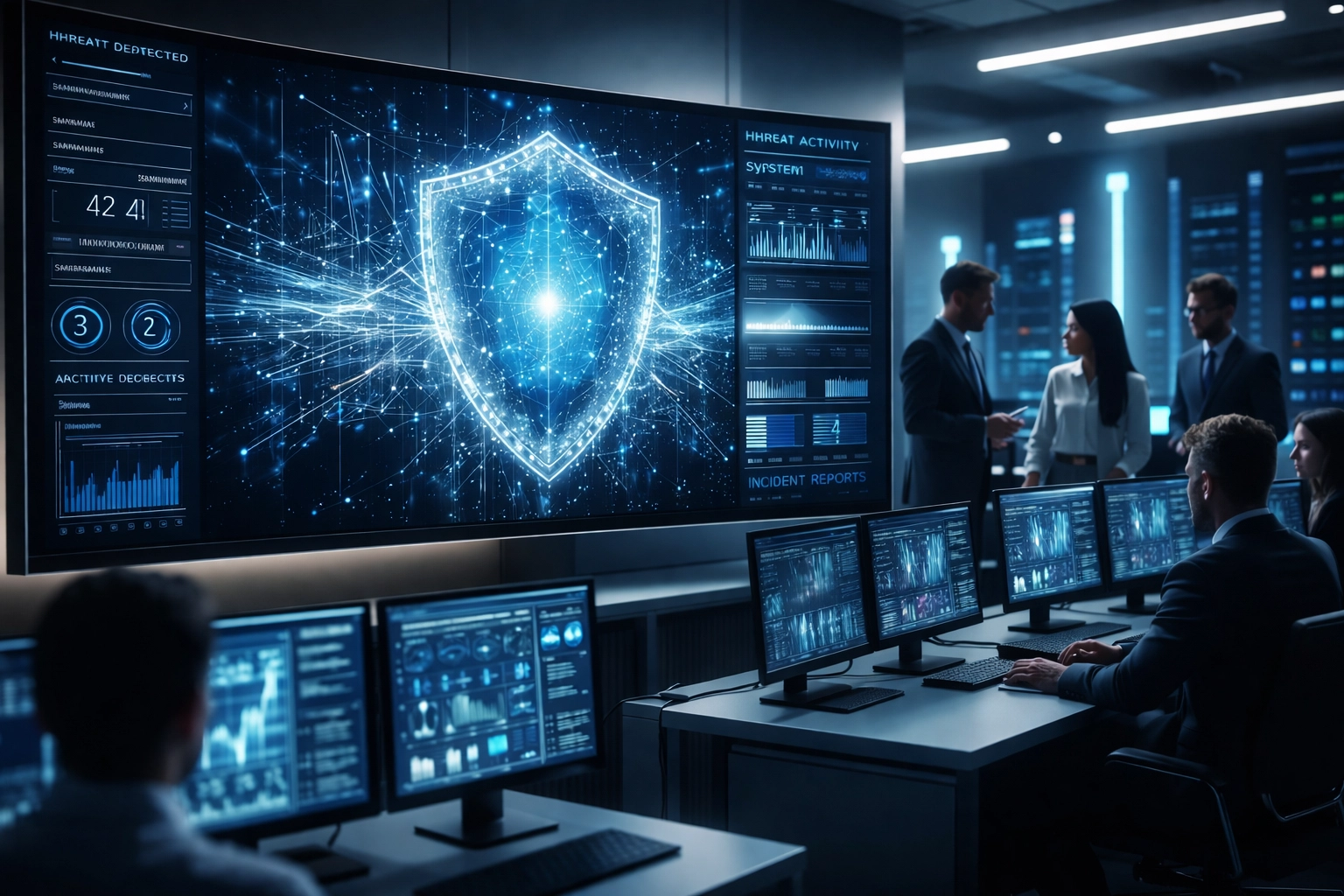 Advanced network operations center with security dashboard and team, demonstrating AI-integrated cybersecurity in business environments
