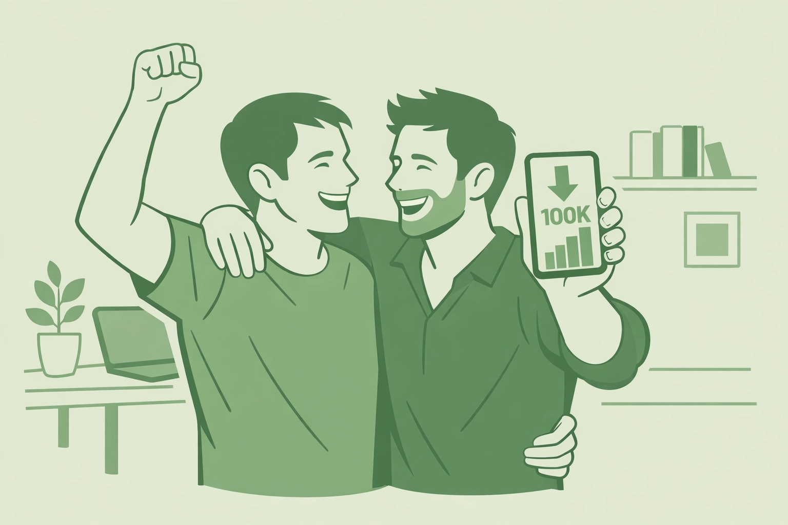 Gay author celebrating publishing success on ReadWithPride with partner, achievement moment