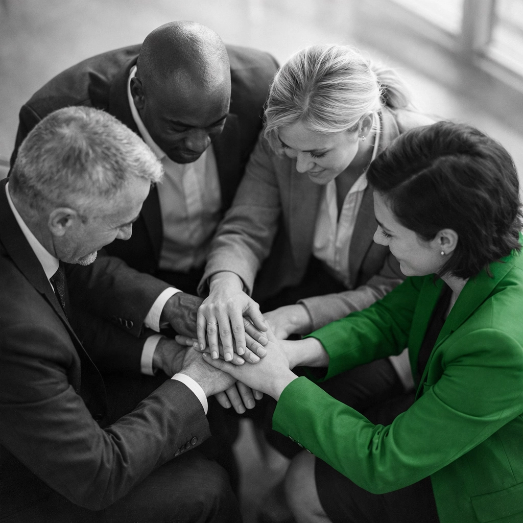 Mission-driven team leaders joining hands showing unity during organizational transition