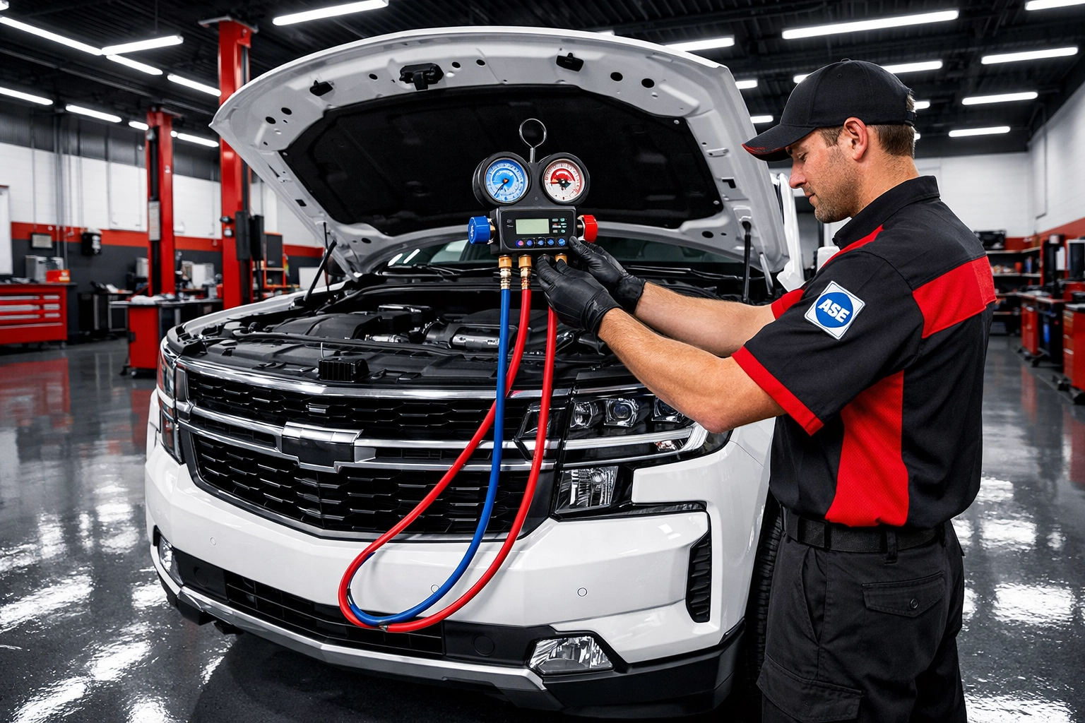 An ASE certified mechanic in Carrollton using a manifold gauge set for high-quality fleet AC repair services.