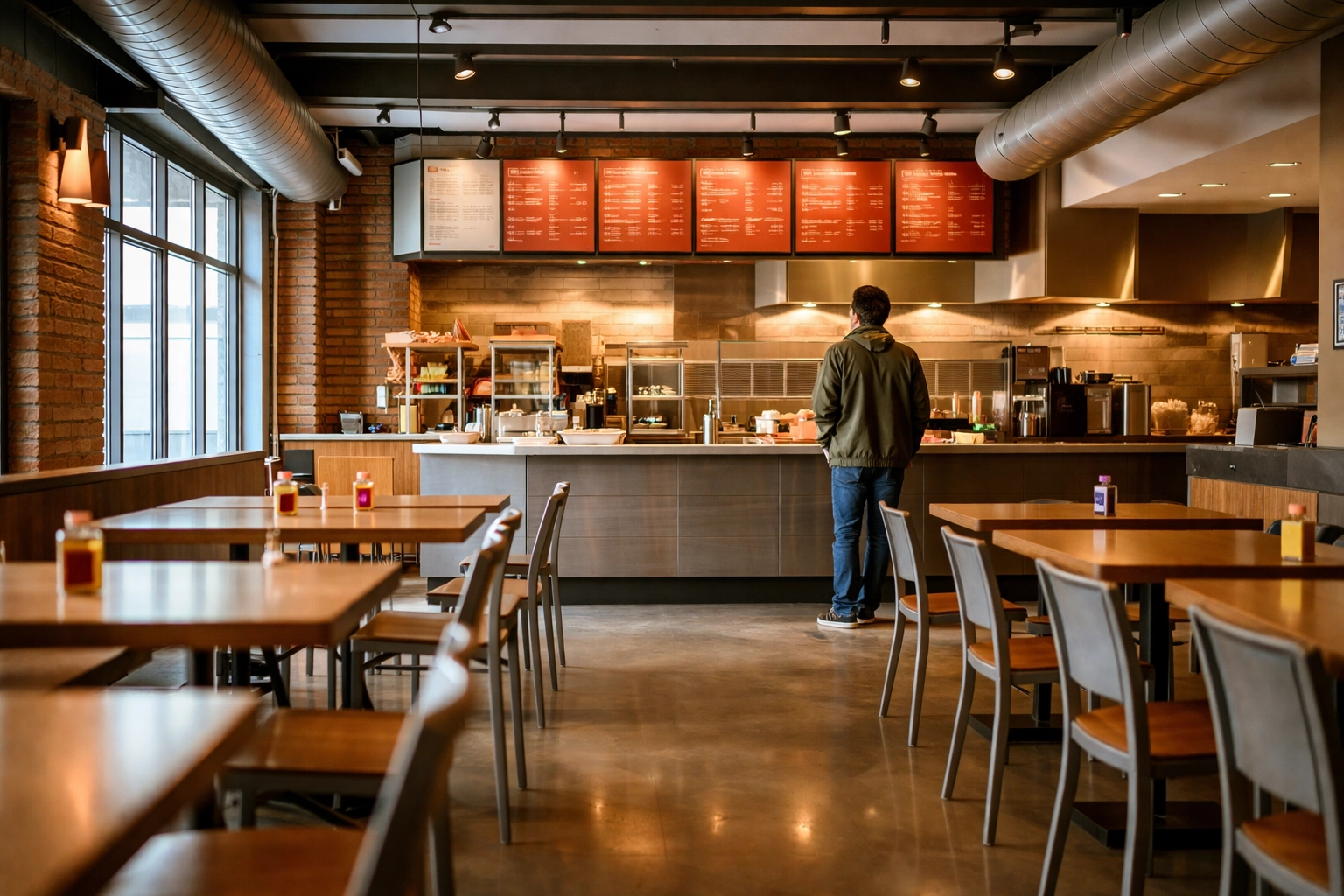Modern Chipotle-style restaurant interior with empty tables reflects declining same-store sales in 2026