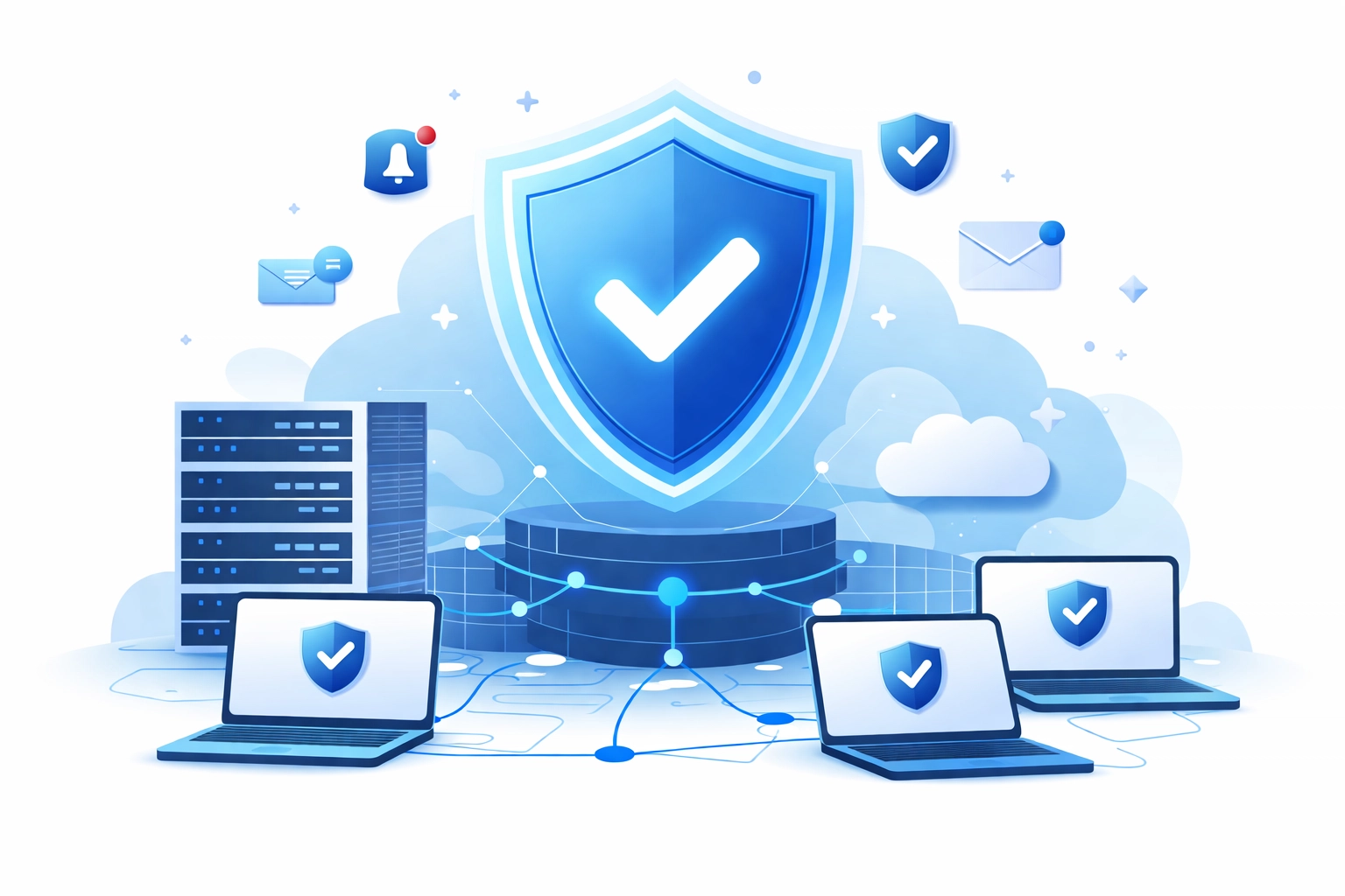 Vector illustration of a digital shield protecting connected devices, symbolizing proactive managed IT support and network security
