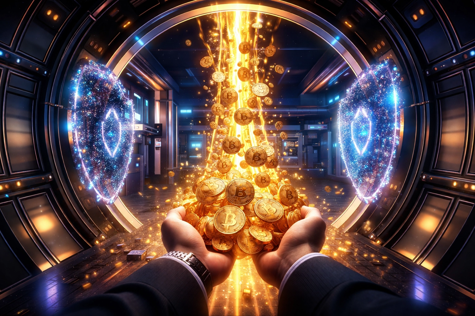 A merchant receives golden cryptocurrency coins directly in hand, highlighting self-custody and direct crypto payments.